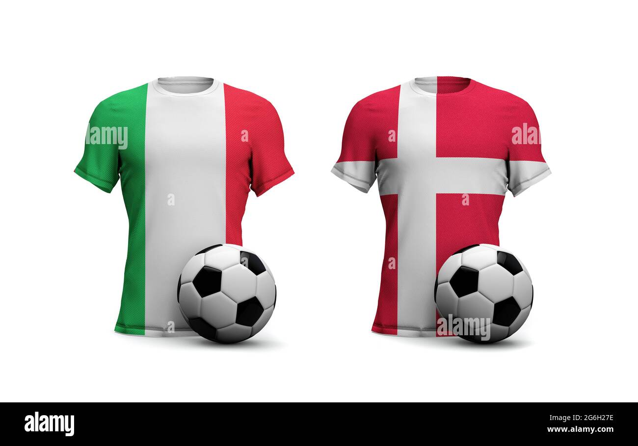Danimarca vs. Partita di calcio in Italia. Bandiere nazionali con calcio. Rendering 3D Foto Stock