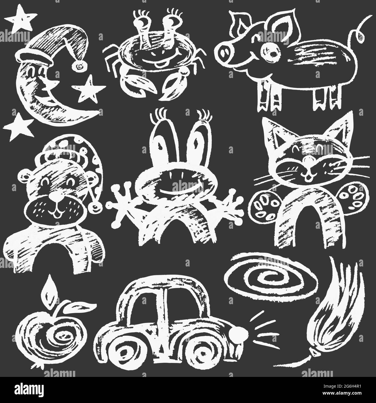 Cute disegno infantile con i pastelli di cera su uno sfondo bianco. Gesso pastello o matita divertente doodle vettore stile. Luna, granchio, rana, orso, gatto, auto Illustrazione Vettoriale