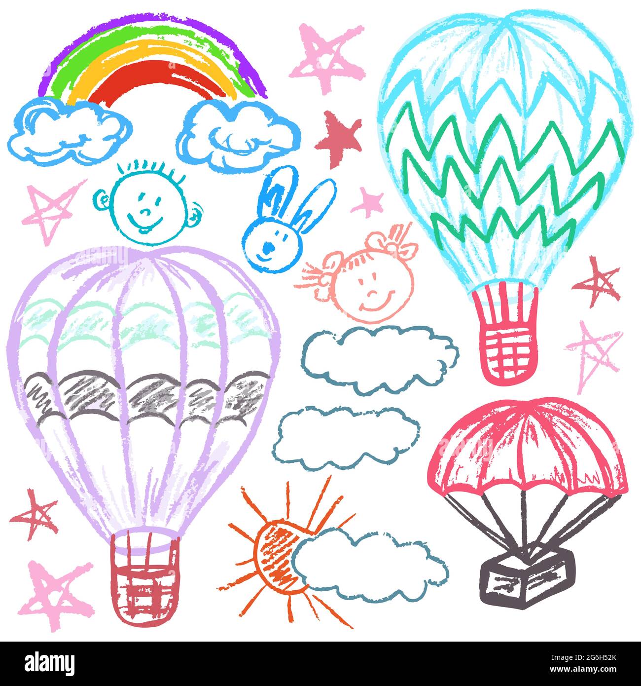 Cute disegno infantile con i pastelli di cera su uno sfondo bianco. Gesso pastello o matita divertente doodle vettore stile. Set di palloncini, paracadute, nuvole Illustrazione Vettoriale