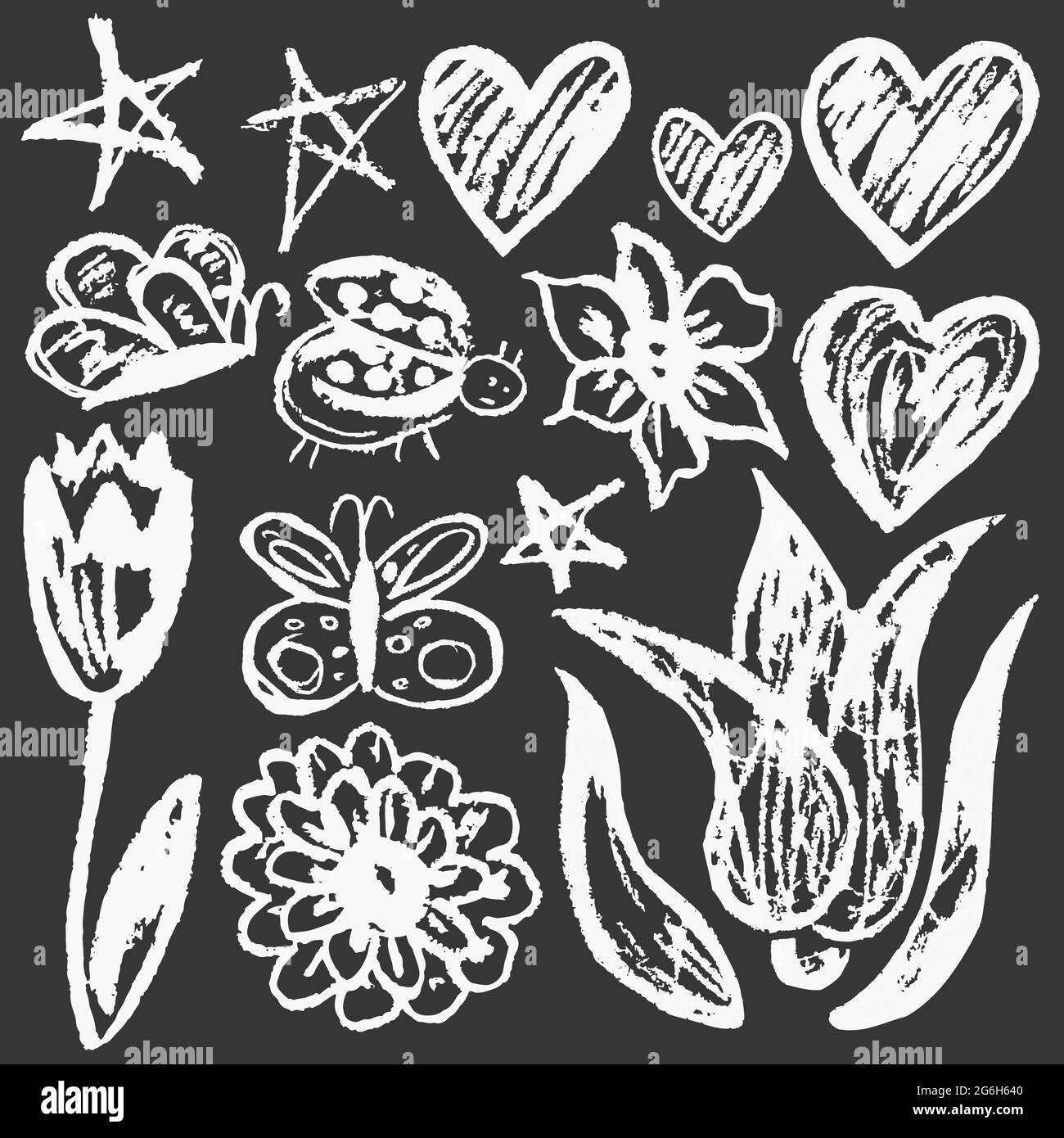 Cute disegno infantile con i pastelli di cera su uno sfondo bianco. Gesso pastello o matita divertente doodle vettore stile. Fiori, tulipani, cuori Illustrazione Vettoriale