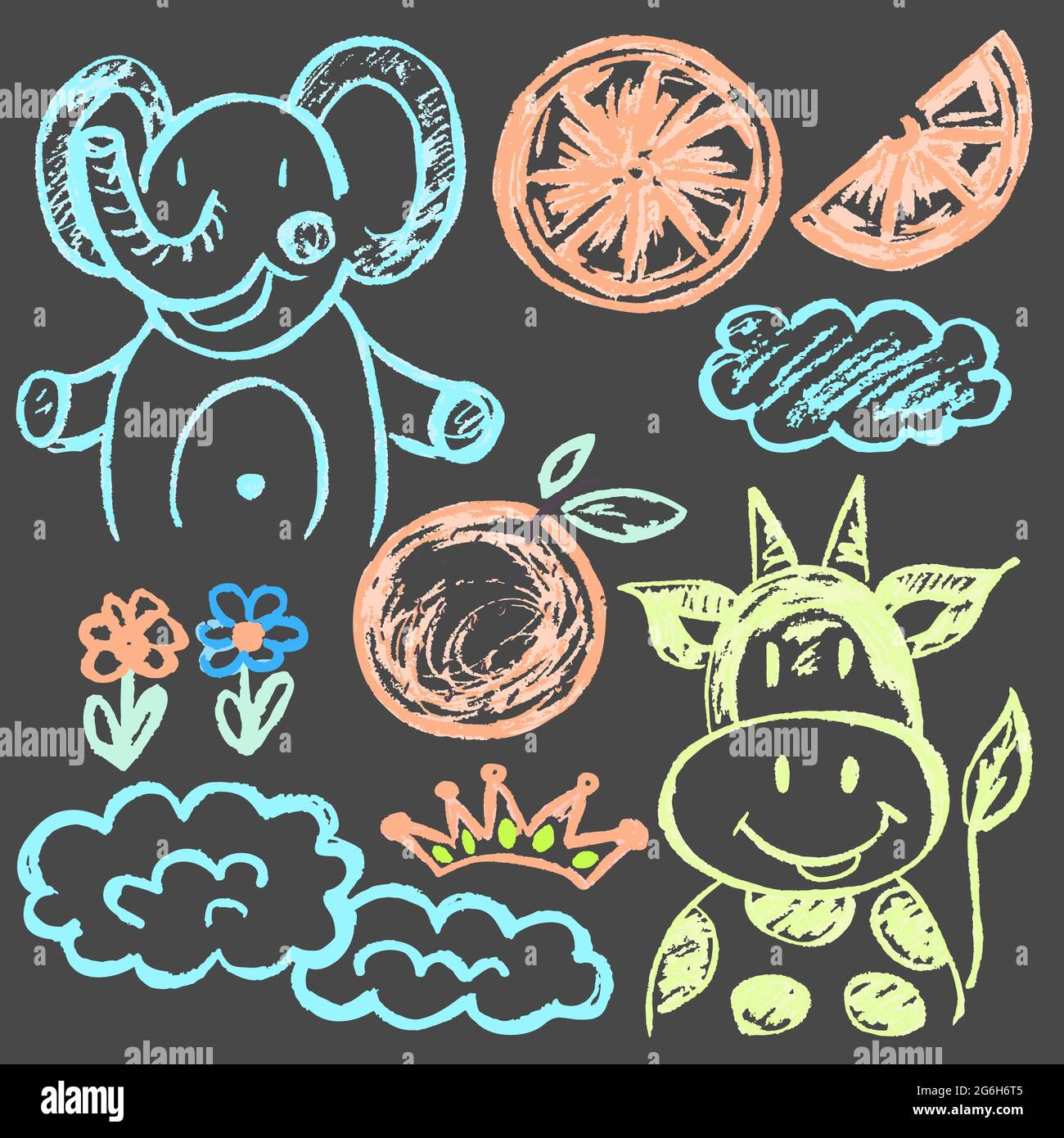 Cute disegno infantile con gesso colorato su sfondo grigio. Gesso pastello o matita divertente doodle vettore stile. Elefante, mucca, arance, nuvole Illustrazione Vettoriale