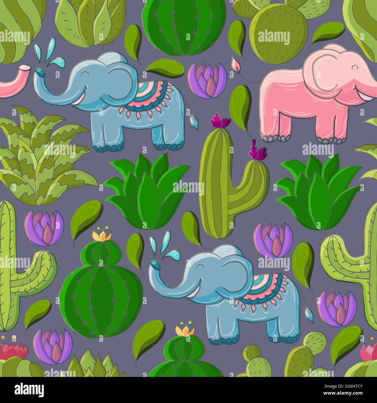Illustrazione botanica senza cuciture. Modello tropicale di vari cactus, aloe. Elefanti, piante esotiche fiorite Illustrazione Vettoriale
