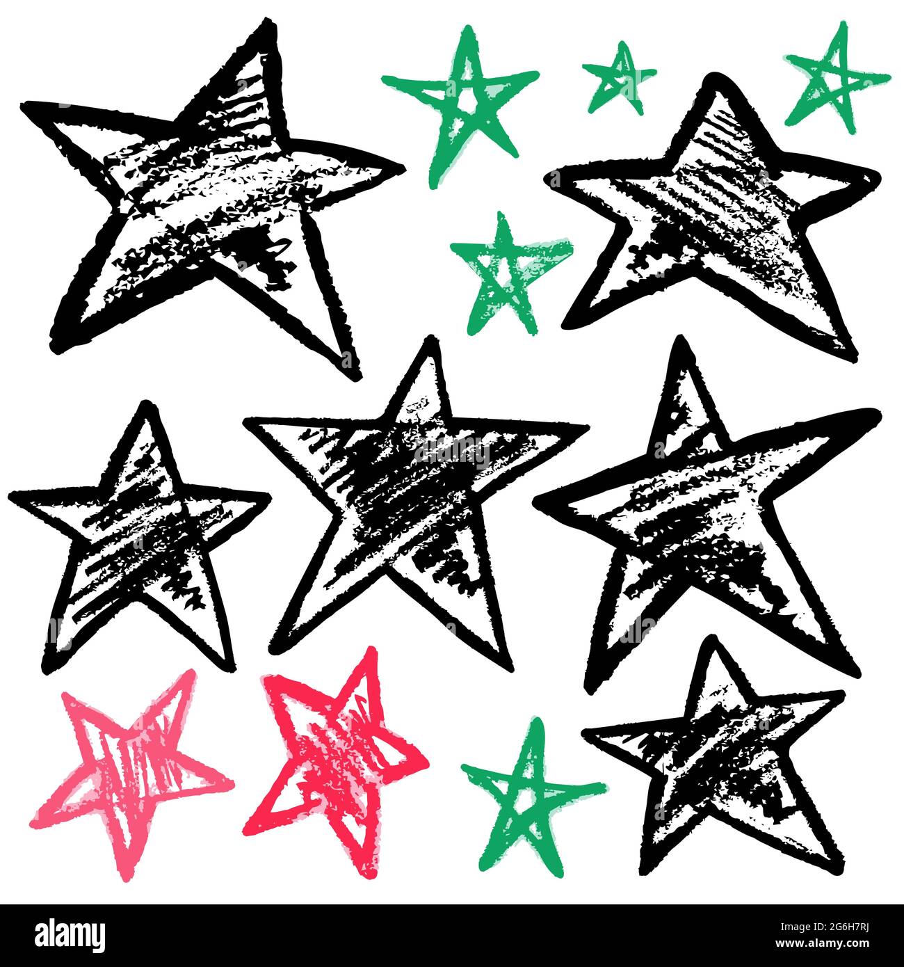 Cute disegno infantile con i pastelli di cera su uno sfondo bianco. Gesso pastello o matita divertente doodle vettore stile. Insieme di stelle del doodle Illustrazione Vettoriale