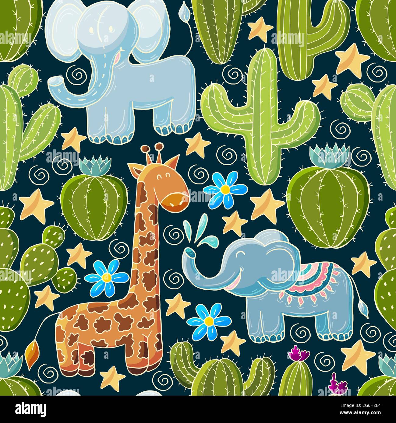 Illustrazione botanica senza cuciture. Modello tropicale di vari cactus, aloe. Elefanti, giraffe, piante esotiche fiorite Illustrazione Vettoriale