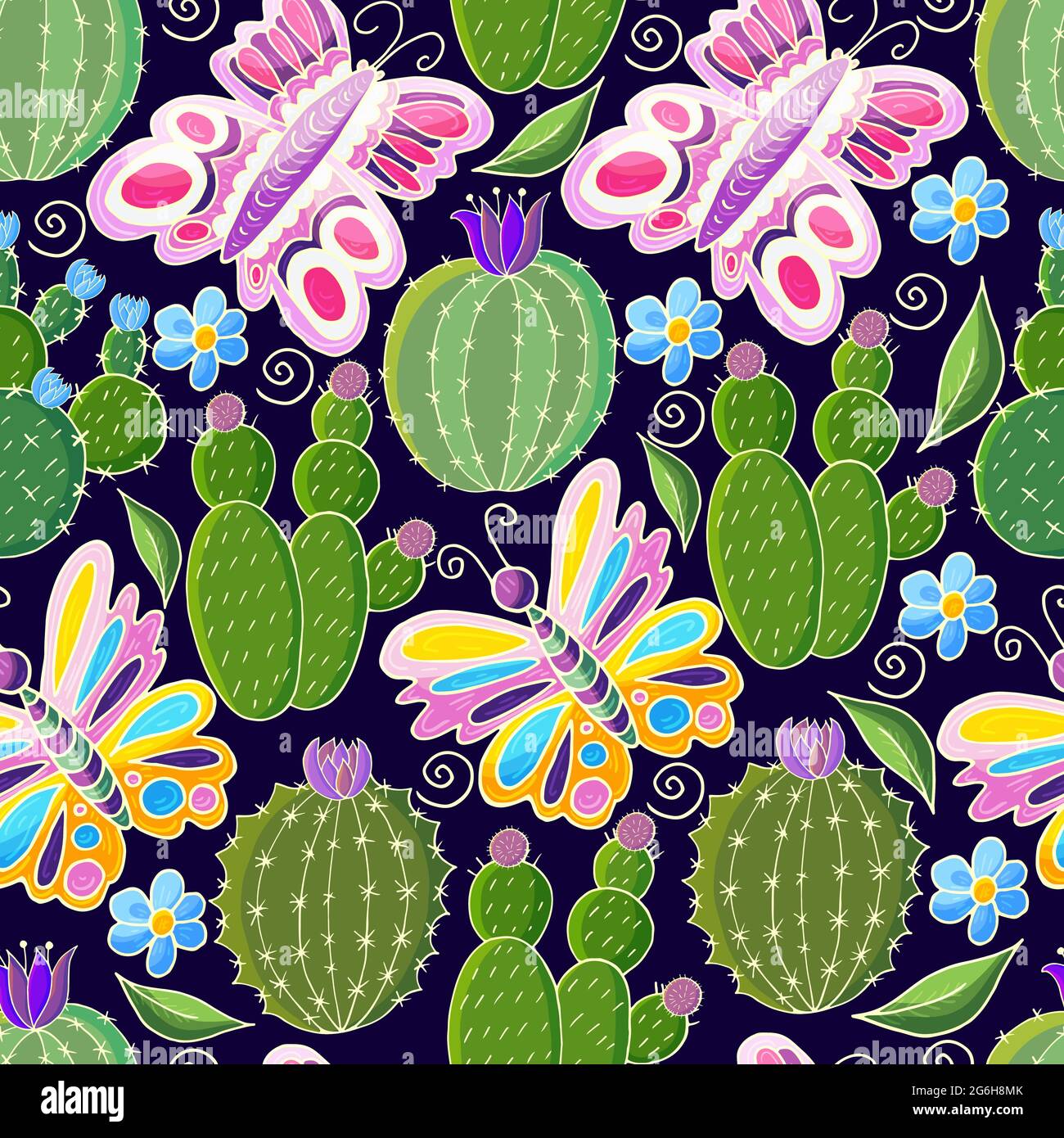 Modello tropicale di vari cactus, aloe. Illustrazione botanica senza cuciture. Farfalla, piante esotiche Illustrazione Vettoriale