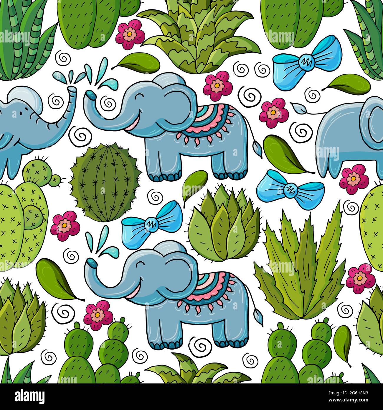 Illustrazione botanica senza cuciture. Modello tropicale di vari cactus, aloe. Elefanti, archi, piante esotiche fiorite Illustrazione Vettoriale