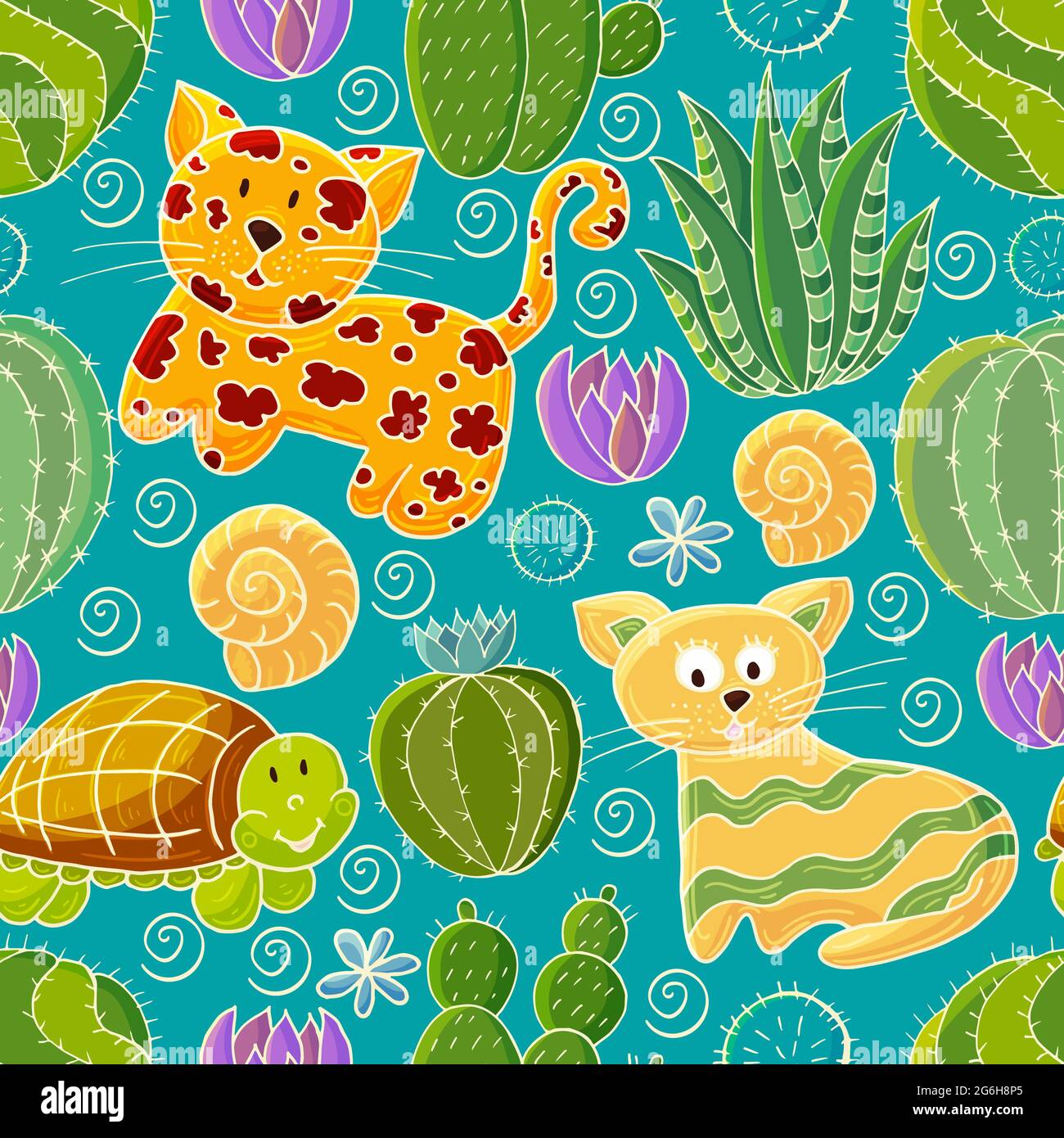 Illustrazione botanica senza cuciture. Modello tropicale di vari cactus, aloe. Leopardo, gatto, tartaruga fiori colorati Illustrazione Vettoriale