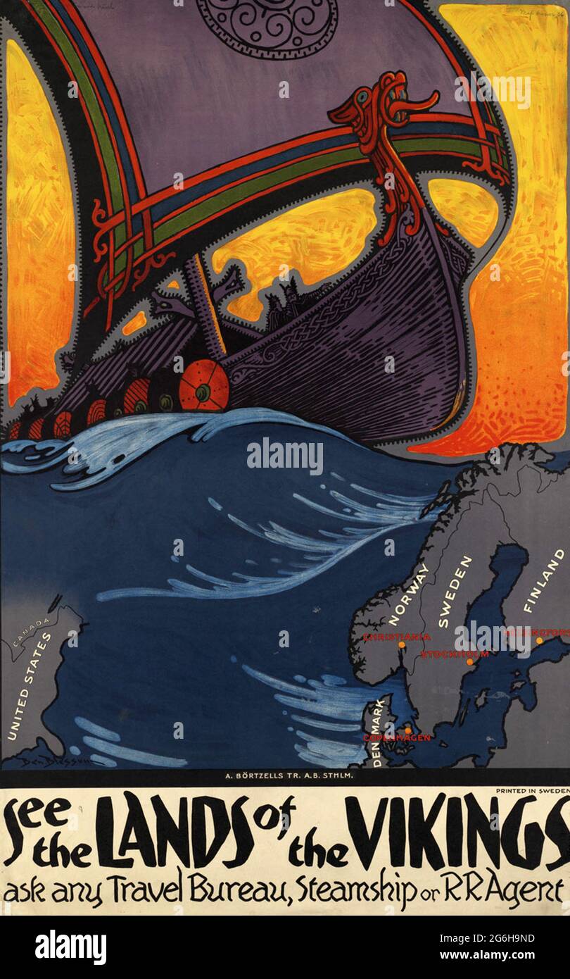 Un poster di viaggio d'epoca per la Scandinavia, la terra dei Vichinghi Foto Stock