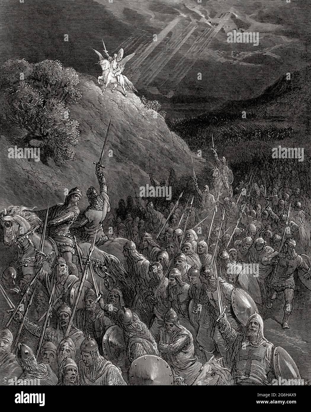 Apparizione di San Giorgio sul Monte degli Ulivi. Dopo Gustave Dore. Una delle serie di crociate di Dore. Qui l'esercito crociato si ispira alla loro visione di San Giorgio. Foto Stock