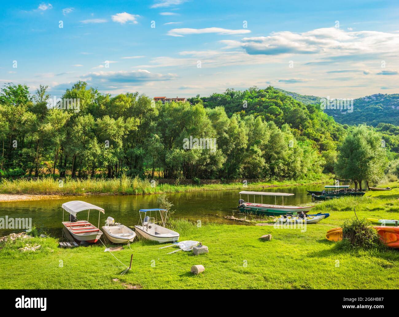 Barche sul prato verde vicino al fiume Crnojevicha in Montenegro Foto Stock