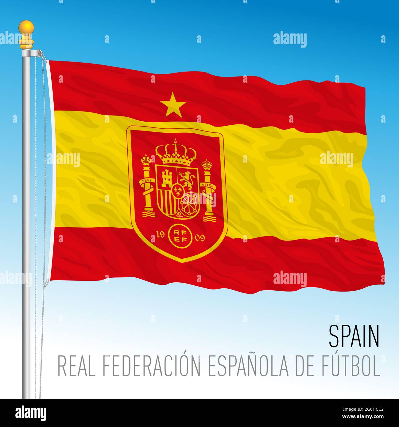MADRID, SPAGNA, giugno 2021 - bandiera spagnola con il nuovo logo nazionale della federazione calcistica per il campionato europeo 2021 Foto Stock