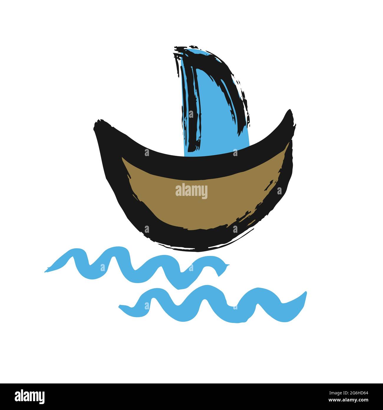 Nave, icona della barca a vela. Disegno a mano della vernice, disegno a pennello. Isolato su sfondo bianco. Icona stile Doodle Grunge. Elemento decorativo. Contorno, linea ic Illustrazione Vettoriale
