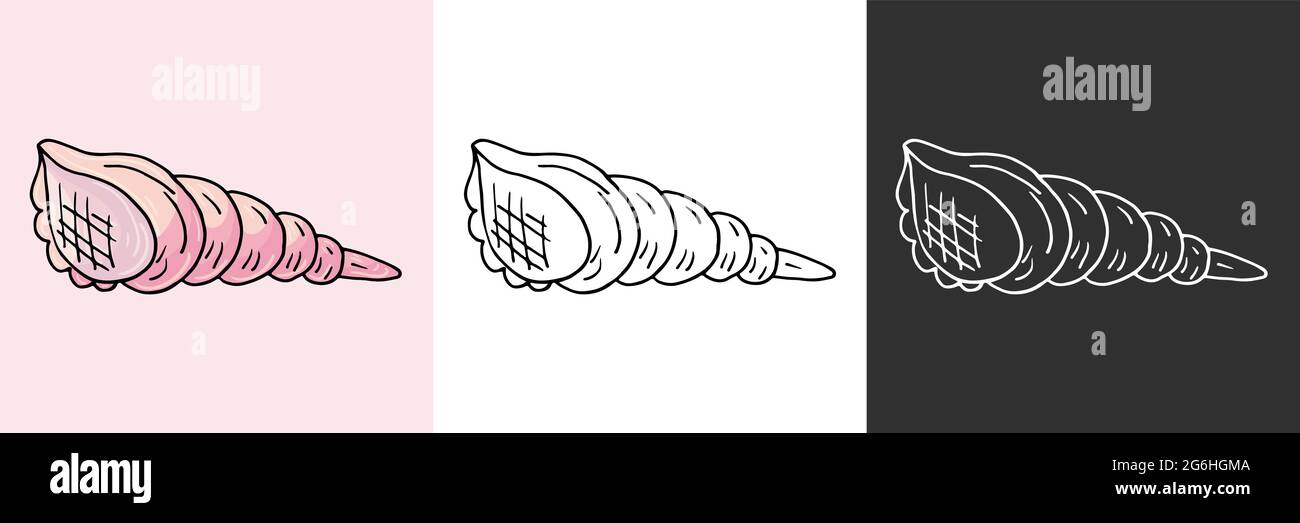 Set di icone. Bella shell. Icona del tema marino in stile disegno a mano. Simpatico illustrazione infantile della vita marina. Icona, badge, adesivo, stampa per abiti Illustrazione Vettoriale