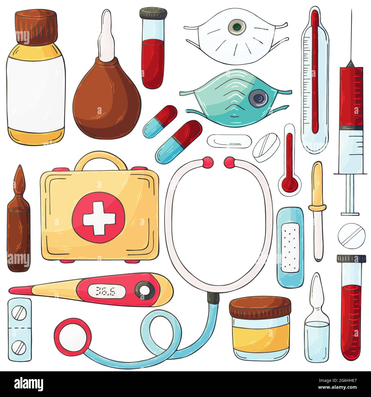 Raccolta di illustrazioni vettoriali. Set di strumenti medici in stile  disegno a mano. Ambulanza strumenti medici, caso medico, farmaci,  stetoscopio Immagine e Vettoriale - Alamy