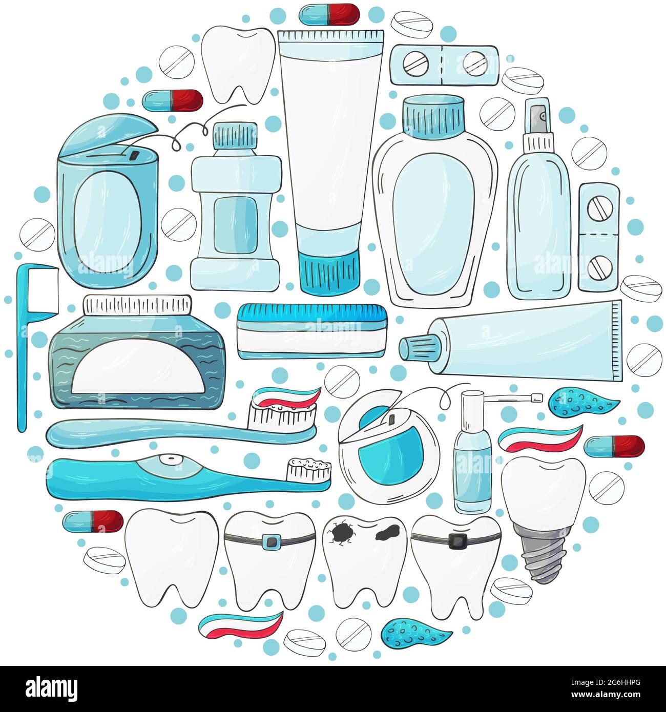 Set rotondo di elementi di progettazione. Set di elementi per la cura della cavità orale con disegno a mano. Pulizia dei denti, salute dentale. Denti, filo interdentale, spazzola, Illustrazione Vettoriale