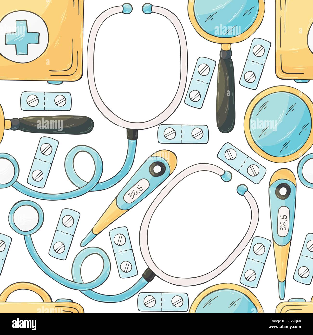 Motivo senza cuciture su sfondo bianco. Strumenti medici cartoni animati in stile di disegno a mano. Custodia medica, termometro, stotoscopio Illustrazione Vettoriale