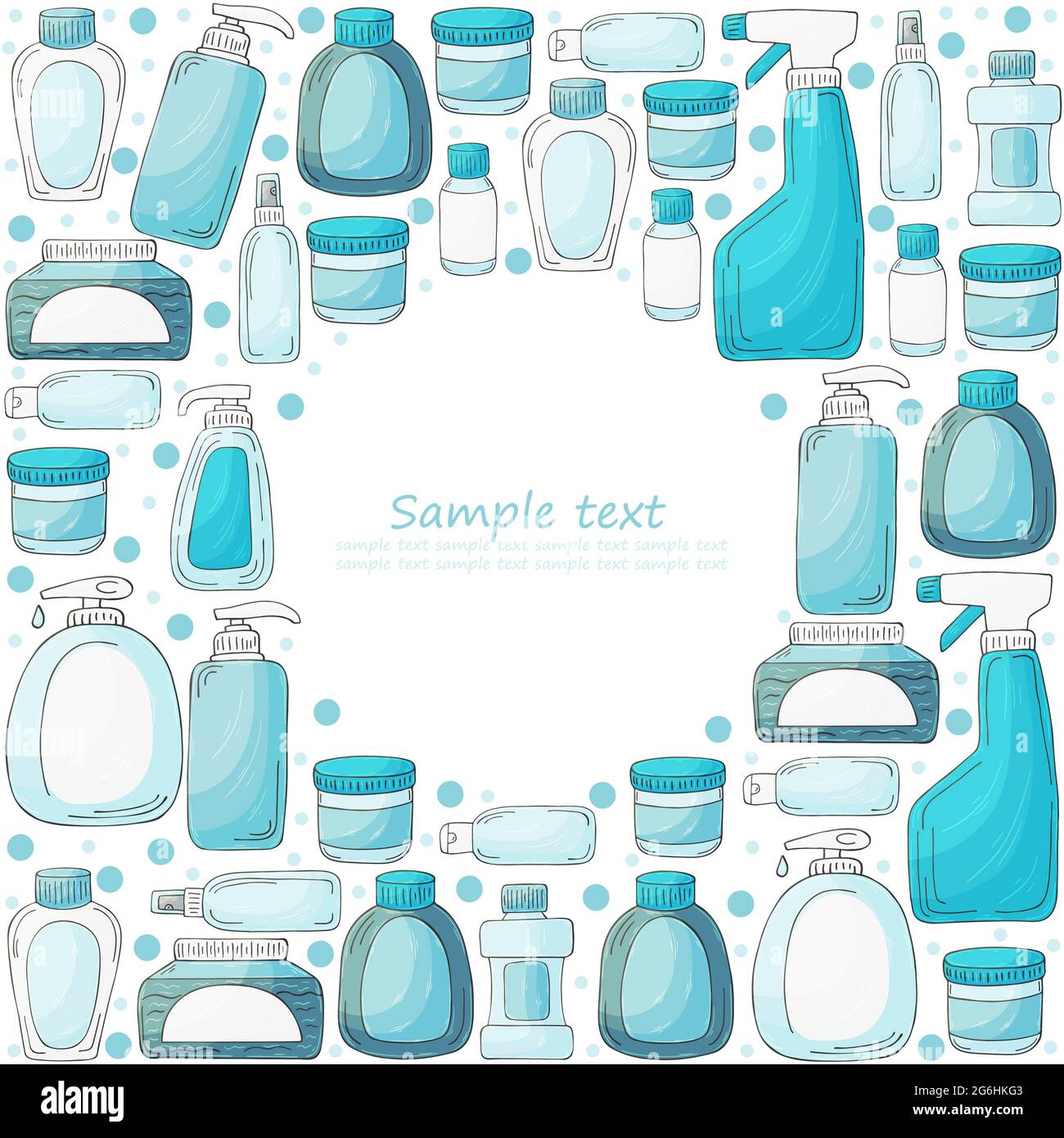 Vettore cornice rotonda di elementi. Set di elementi da bagno disegnati a mano. Raccolta di lattine, confezioni, provette. Antisettico, dentifricio, gel, sapone, c Illustrazione Vettoriale