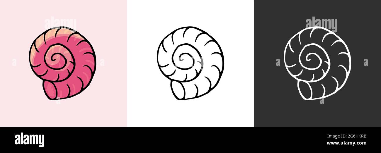Set di icone. Guscio girevole. Icona del tema marino in stile disegno a mano. Simpatico illustrazione infantile della vita marina. Icona, badge, adesivo, stampa per abiti Illustrazione Vettoriale