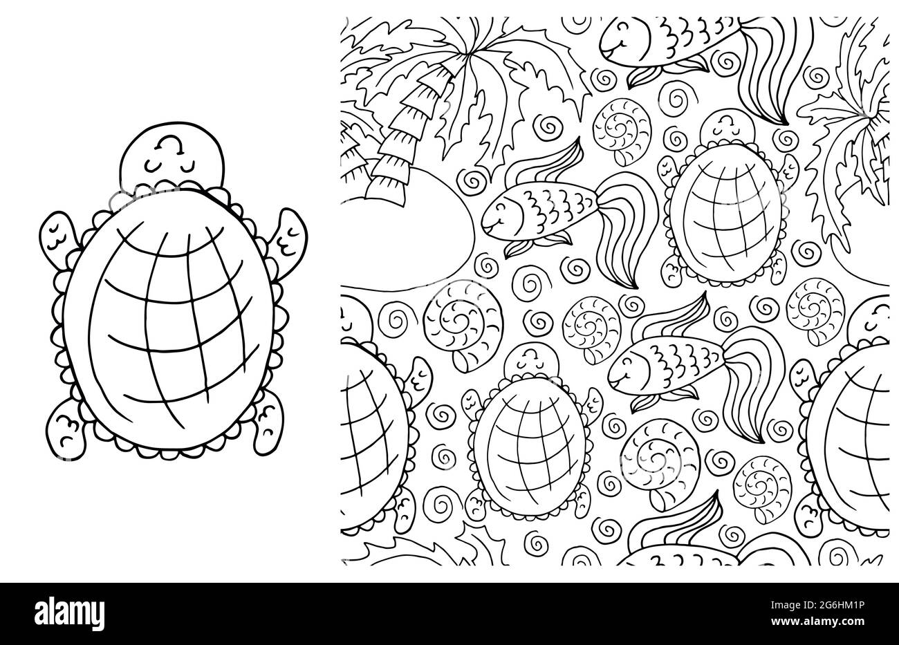 Set di elementi con contorno e motivo senza cuciture. Ideale per l'abbigliamento per bambini. Tartaruga e sfondo con elementi marini. Belle illustrazioni Illustrazione Vettoriale
