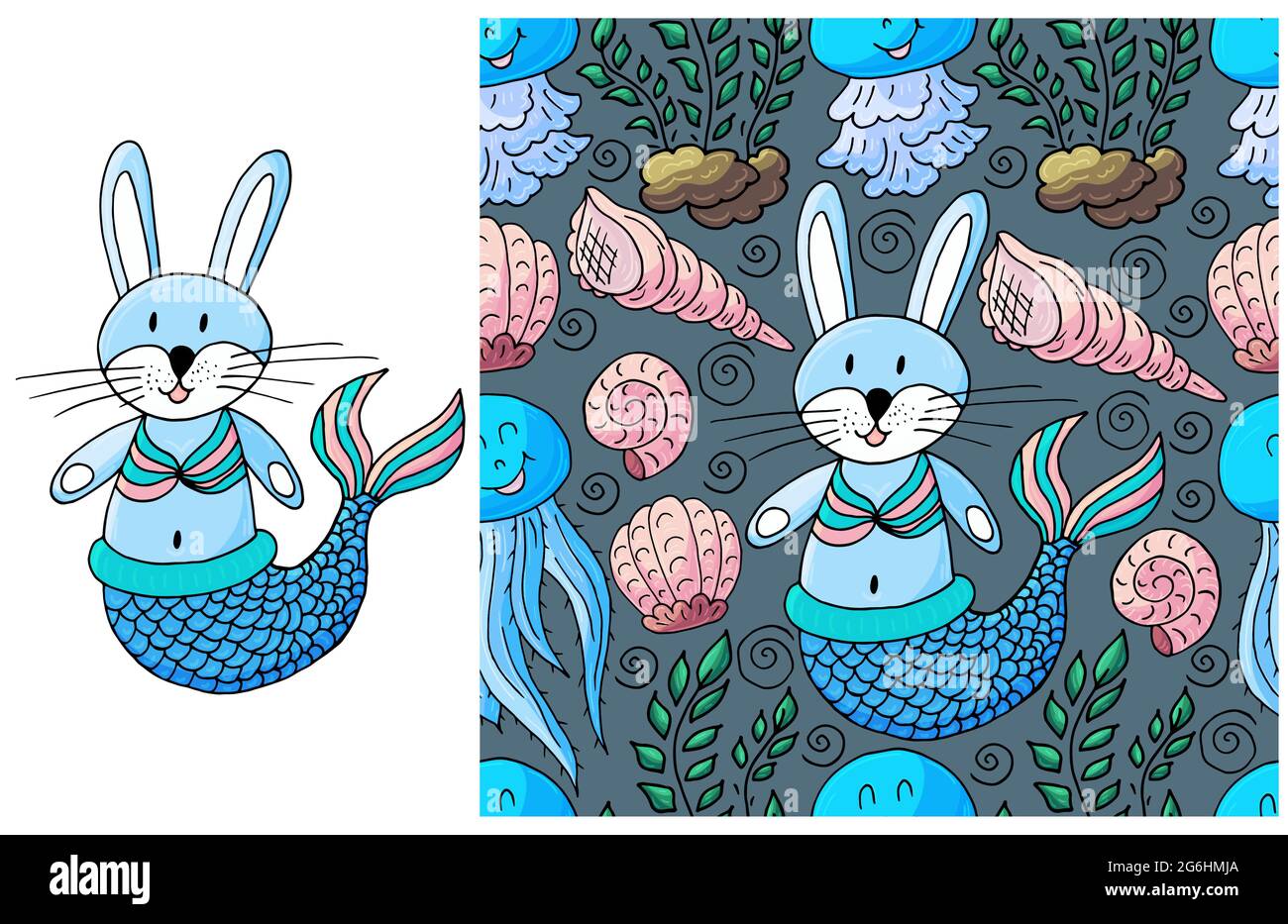 Set di elementi e motivo senza cuciture. Ideale per l'abbigliamento per bambini. Sirena di coniglio e sfondo con conchiglie e mare Illustrazione Vettoriale