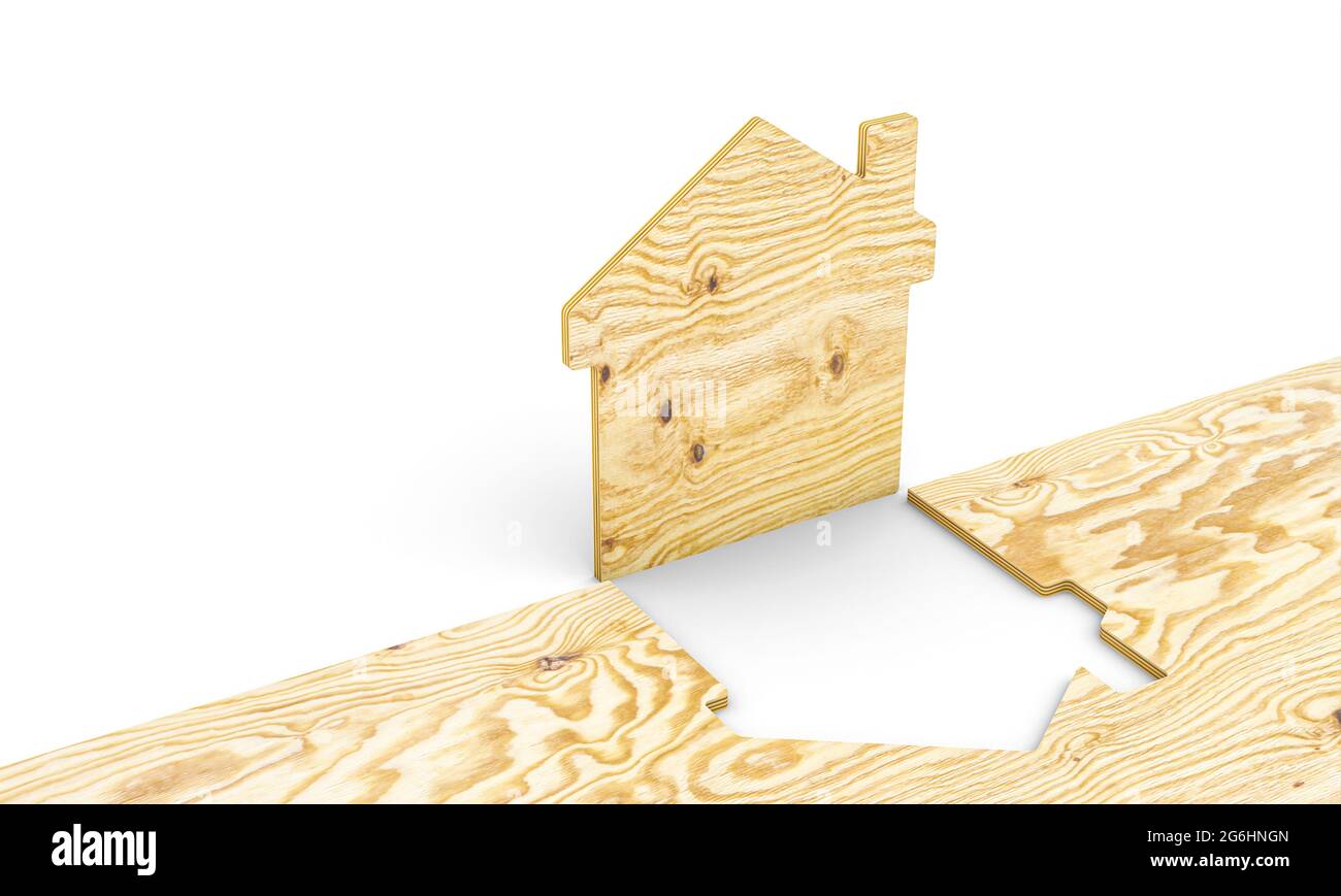 casa di legno ottenuta da un pannello di legno compensato. concetto di eco-costruzione sostenibile. rendering 3d. Foto Stock