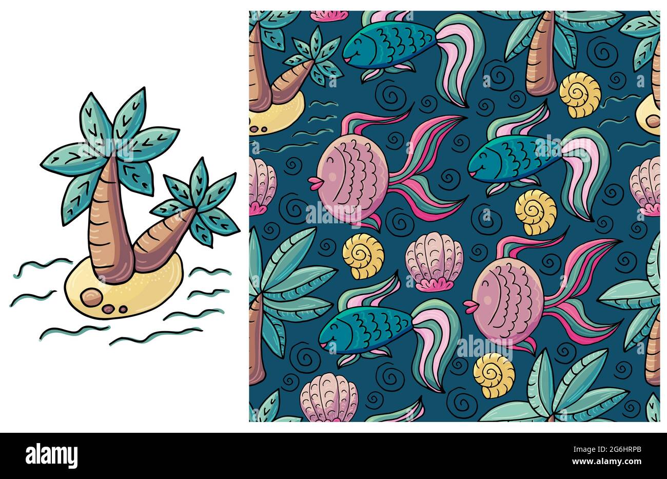 Set di elementi e motivo senza cuciture. Ideale per l'abbigliamento per bambini. Albero di palma e sfondo marino Illustrazione Vettoriale