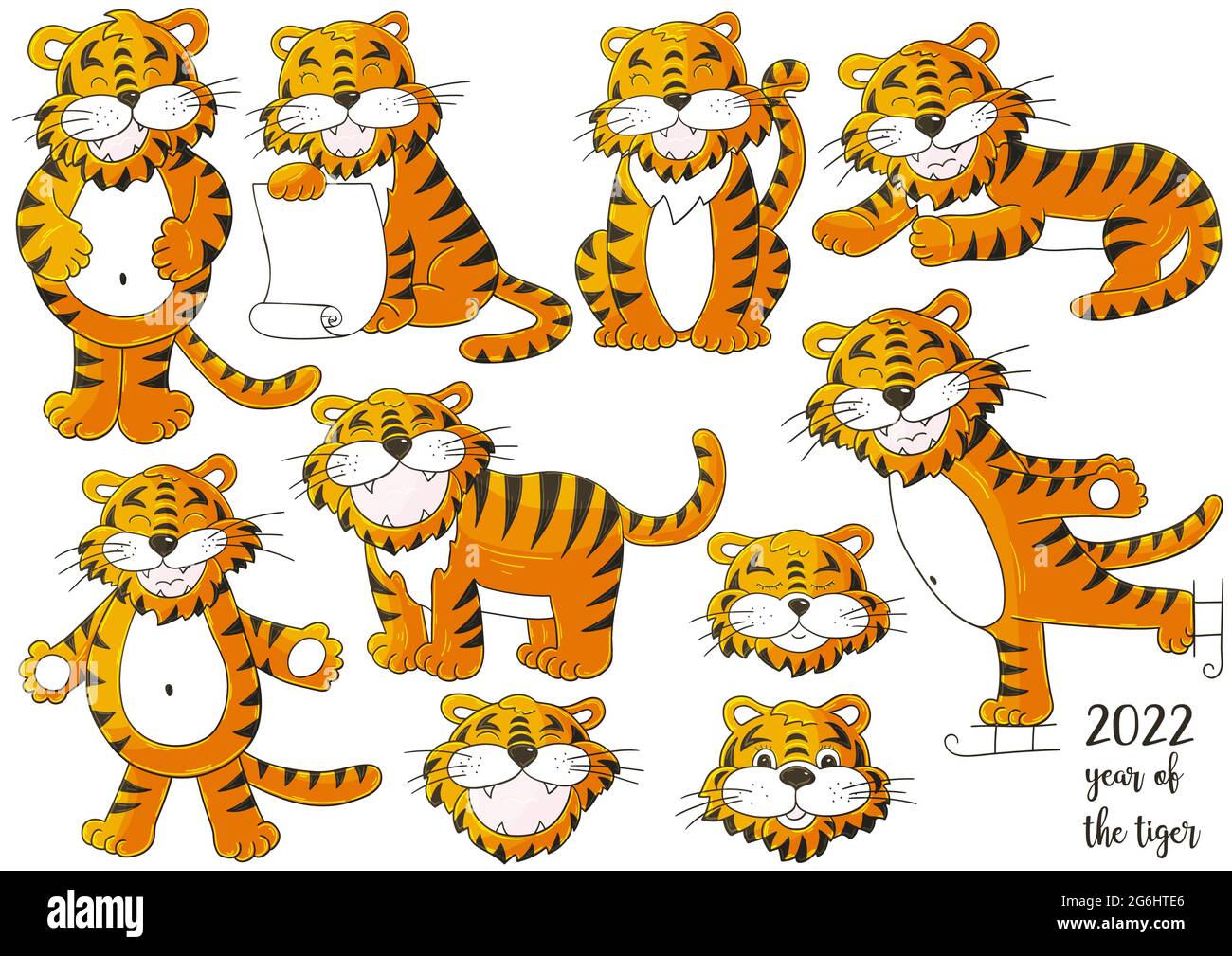 Set di tigri con disegno a mano. Simbolo di 2022. Facce delle tigri. Anno nuovo 2022. Illustrazioni della collezione Illustrazione Vettoriale