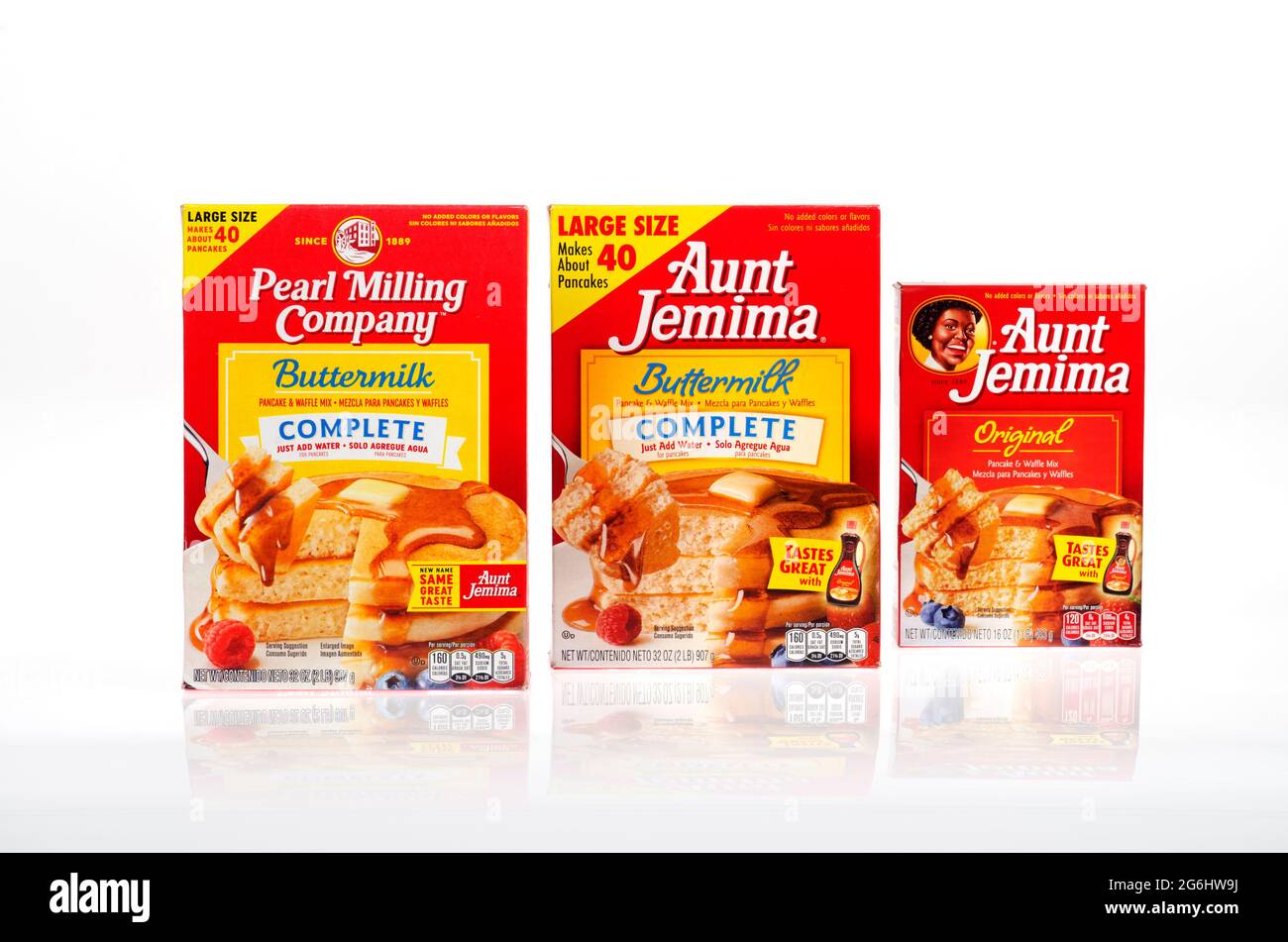 Pearl Milling Company e zia Jemima Pancake Mix scatole Foto Stock