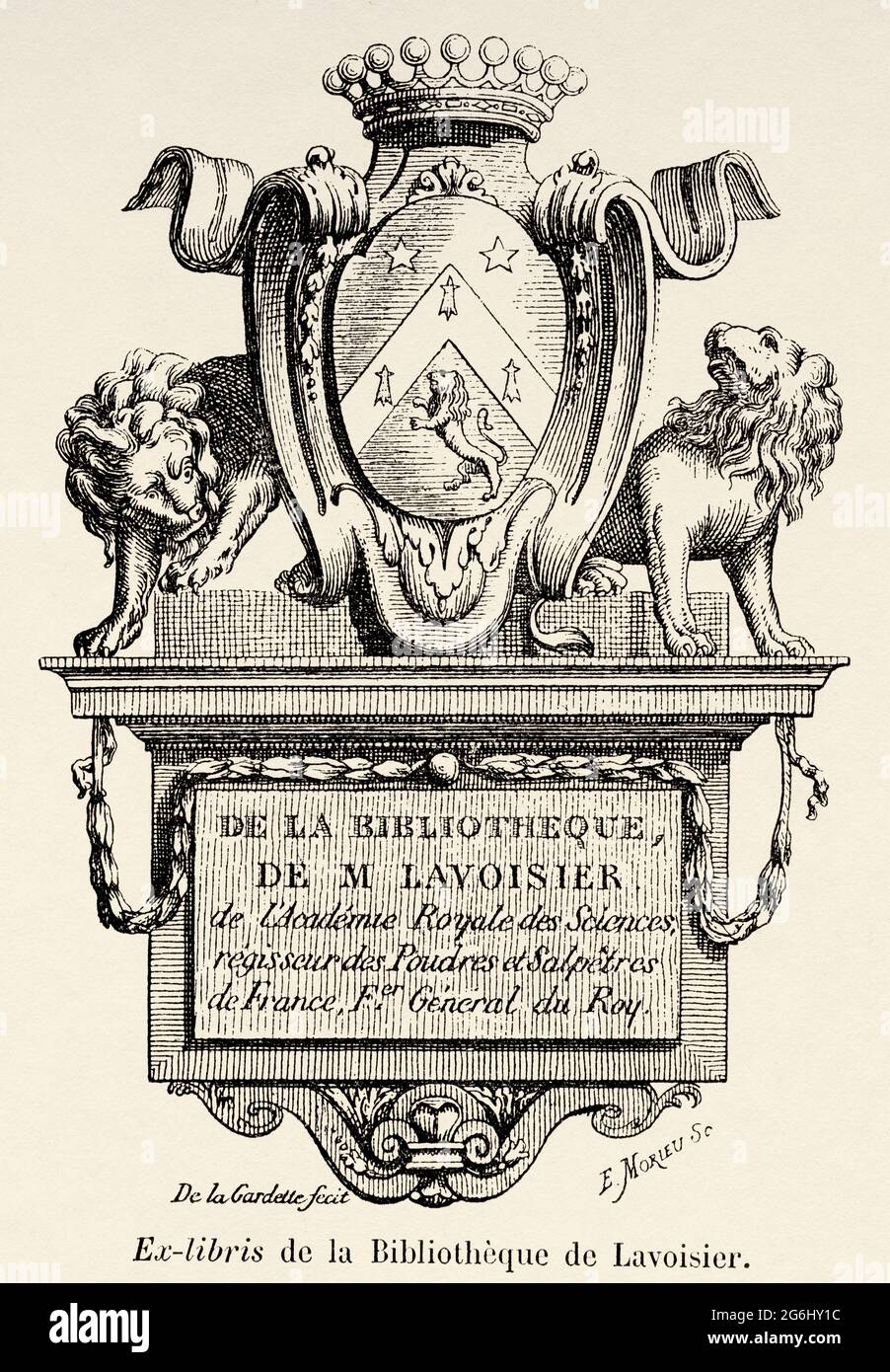 Ex libris della biblioteca Lavoisier, Francia. Antica illustrazione del XIX secolo incisa da la Nature 1893 Foto Stock