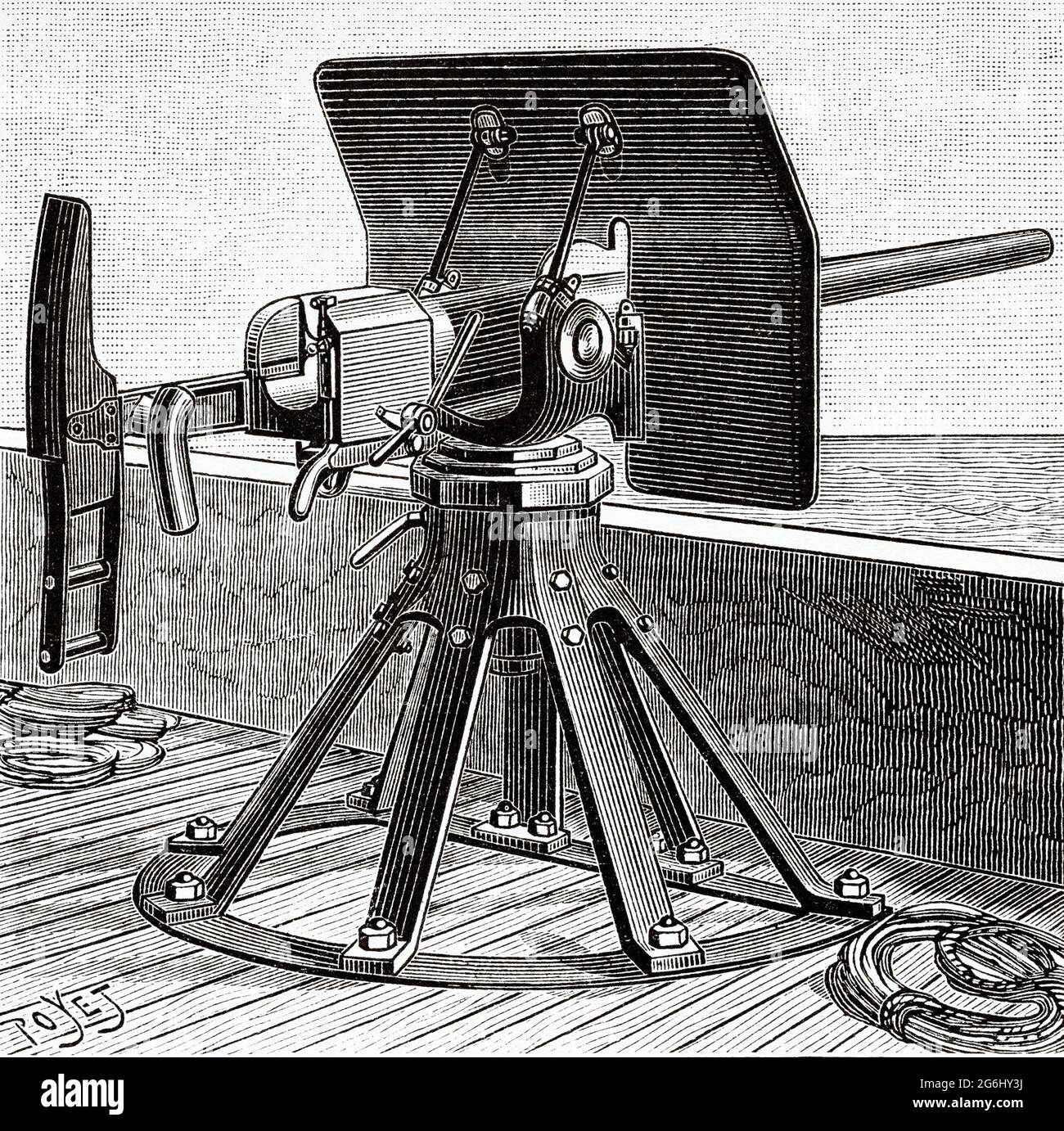 Cilindro Hotchkiss a cottura rapida su supporto crinolina. Antica illustrazione del XIX secolo incisa da la Nature 1888 Foto Stock