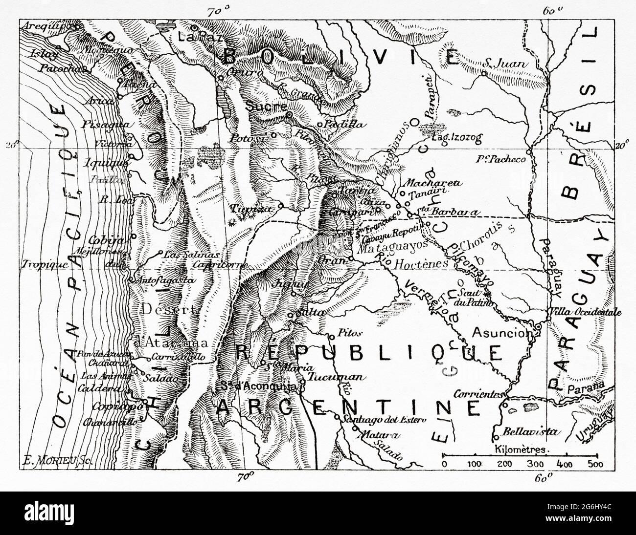 Mappa delle regioni coperte dall'esploratore francese Emile-Arthur Thouar in Sud America. Antica illustrazione del XIX secolo incisa da la Nature 1888 Foto Stock