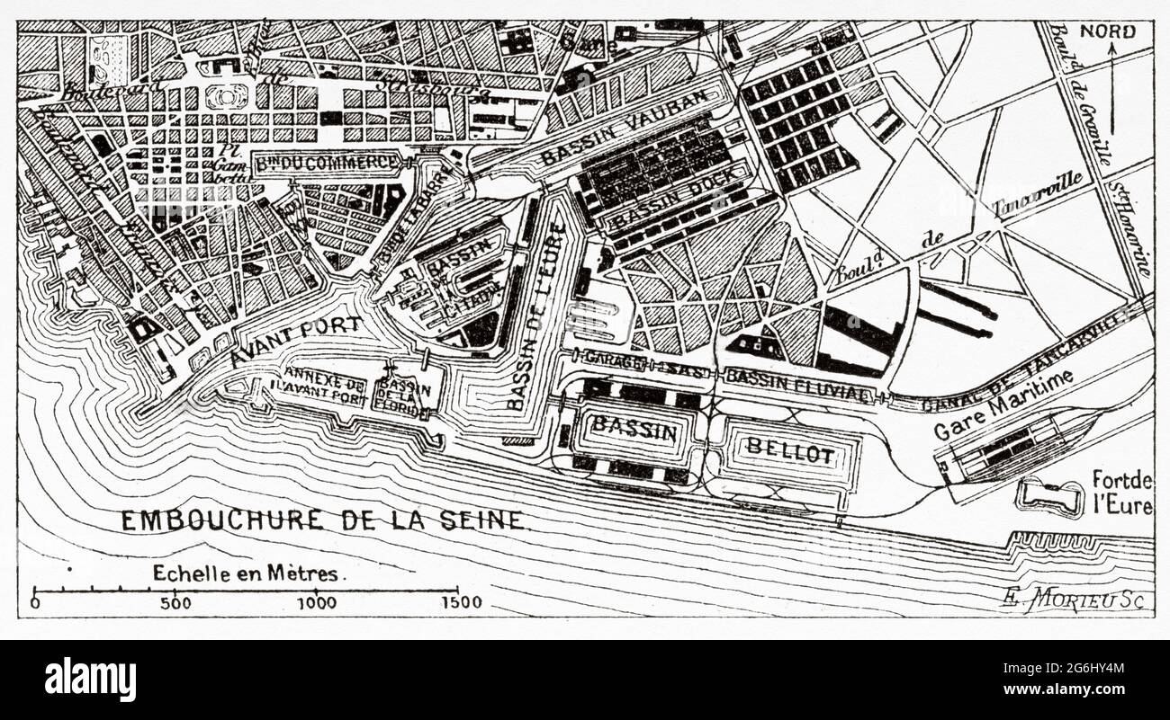 Mappa di Port le Havre. Normandia, Francia. Europa. Antica illustrazione del XIX secolo incisa da la Nature 1888 Foto Stock