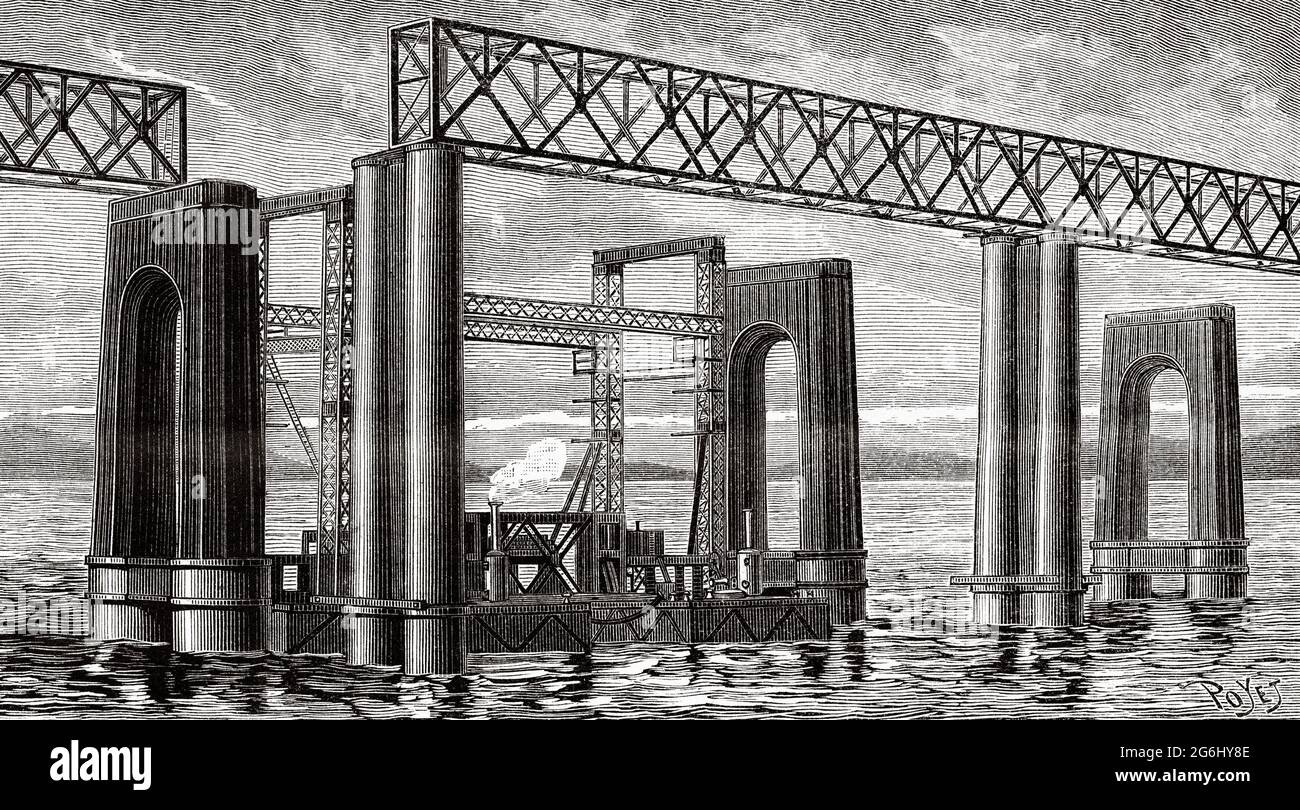 Ricostruzione del ponte di Tay, costruito nel 1887, per sostituire quello distrutto nella tempesta del 28 dicembre 1879. Dundee, Scozia, Regno Unito. Antica illustrazione del XIX secolo incisa da la Nature 1888 Foto Stock