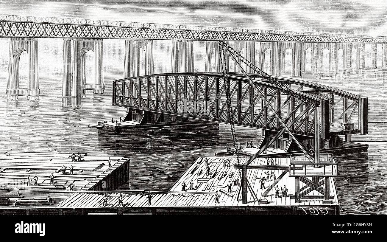 Ricostruzione del ponte di Tay, costruito nel 1887, per sostituire quello distrutto nella tempesta del 28 dicembre 1879. Dundee, Scozia, Regno Unito. Antica illustrazione del XIX secolo incisa da la Nature 1888 Foto Stock