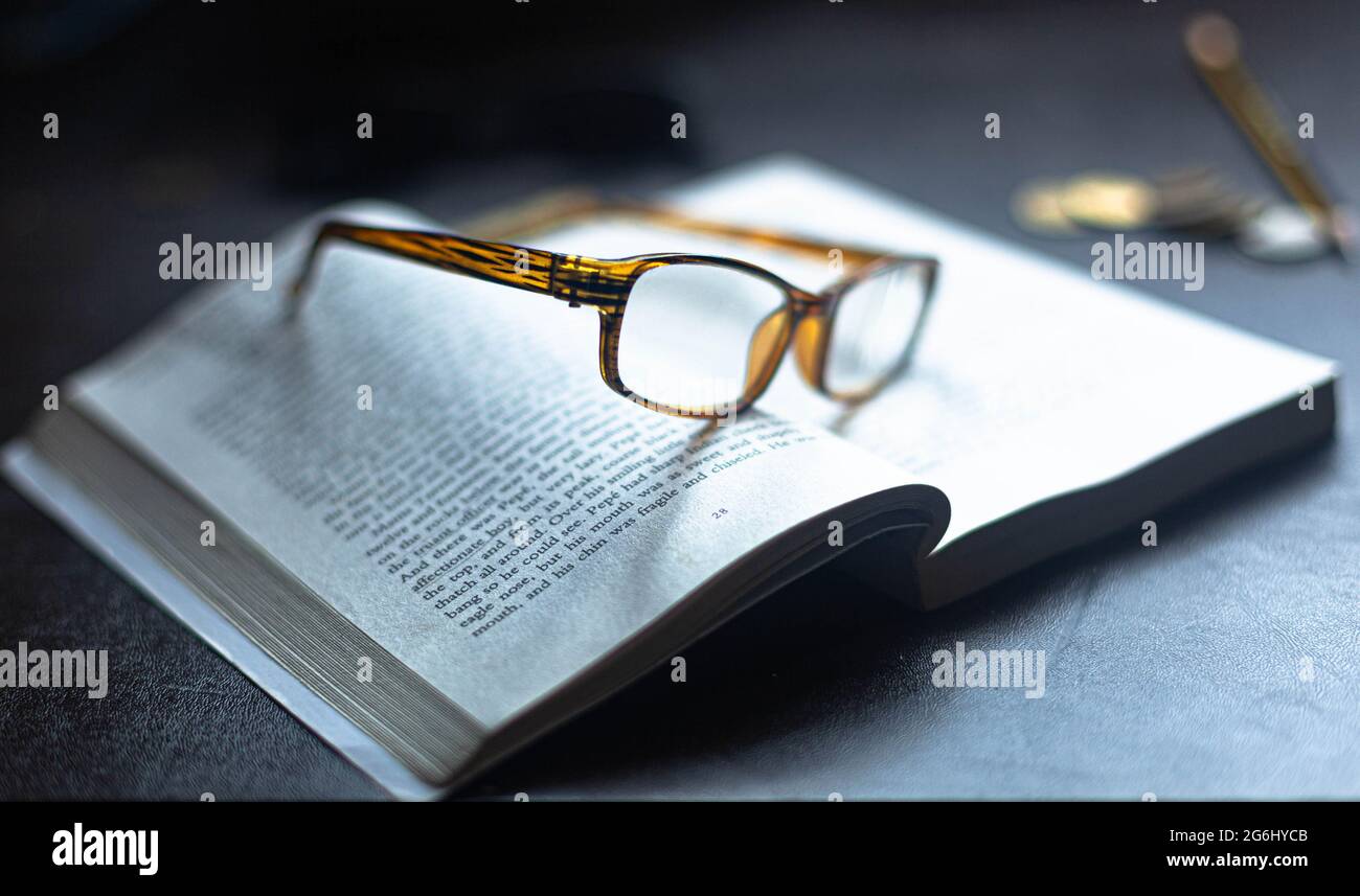 Un paio di occhiali da lettura poggiati su un libro aperto. Foto Stock