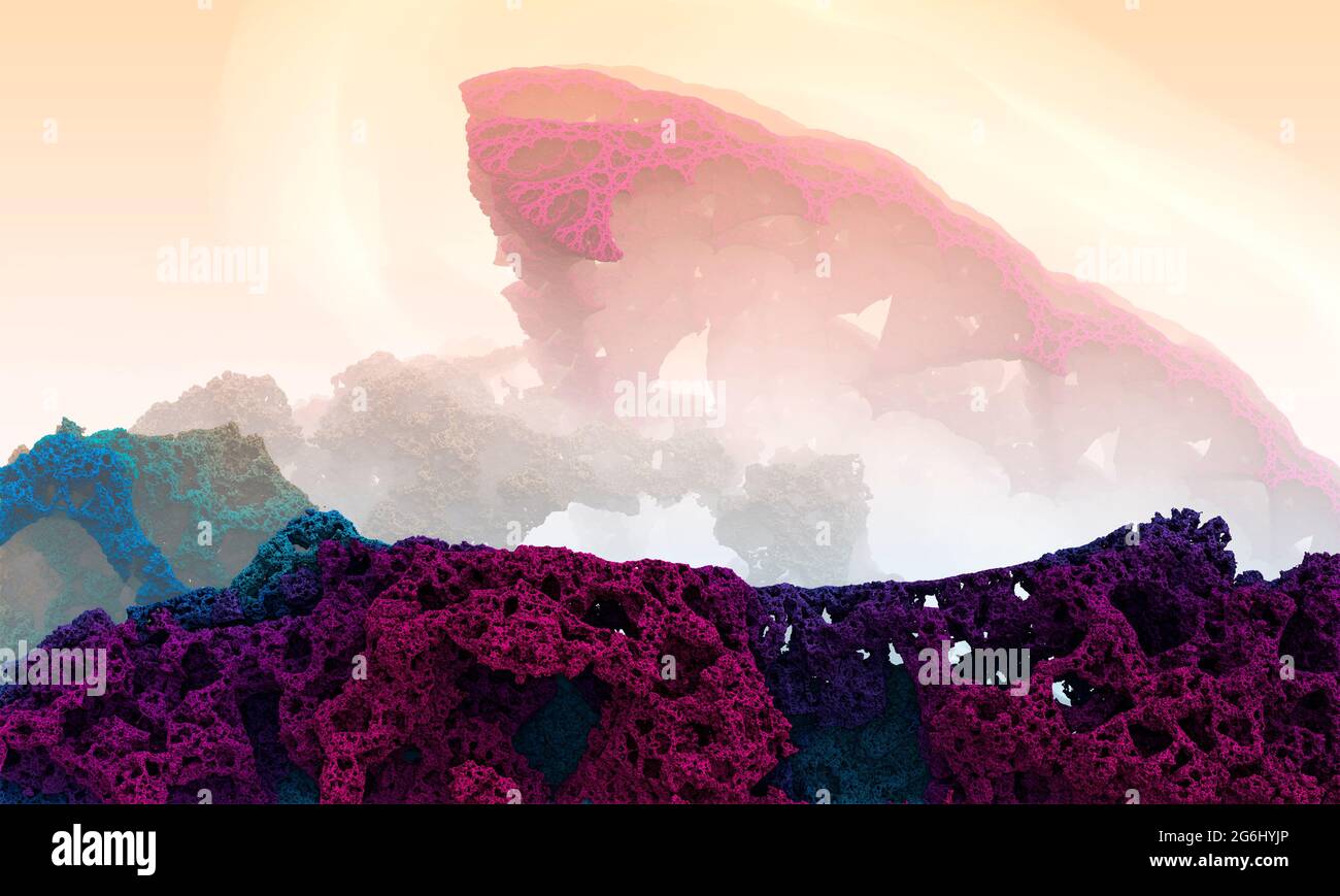Sfondo frattale di montagne coralline. Fantasy Alien Landscape - rendering 3D Foto Stock