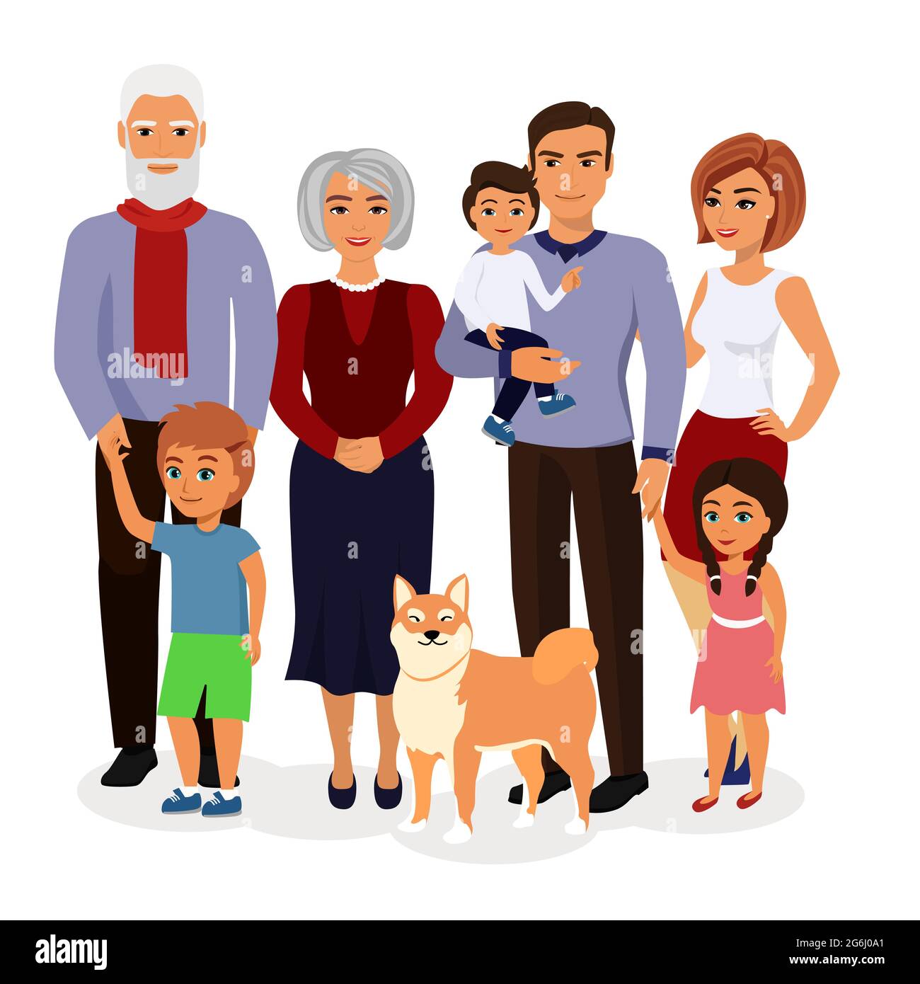 Illustrazione vettoriale della famiglia felice. Padre, madre, nonno, nonna, bambini e cane in stile piano cartone animato. Illustrazione Vettoriale