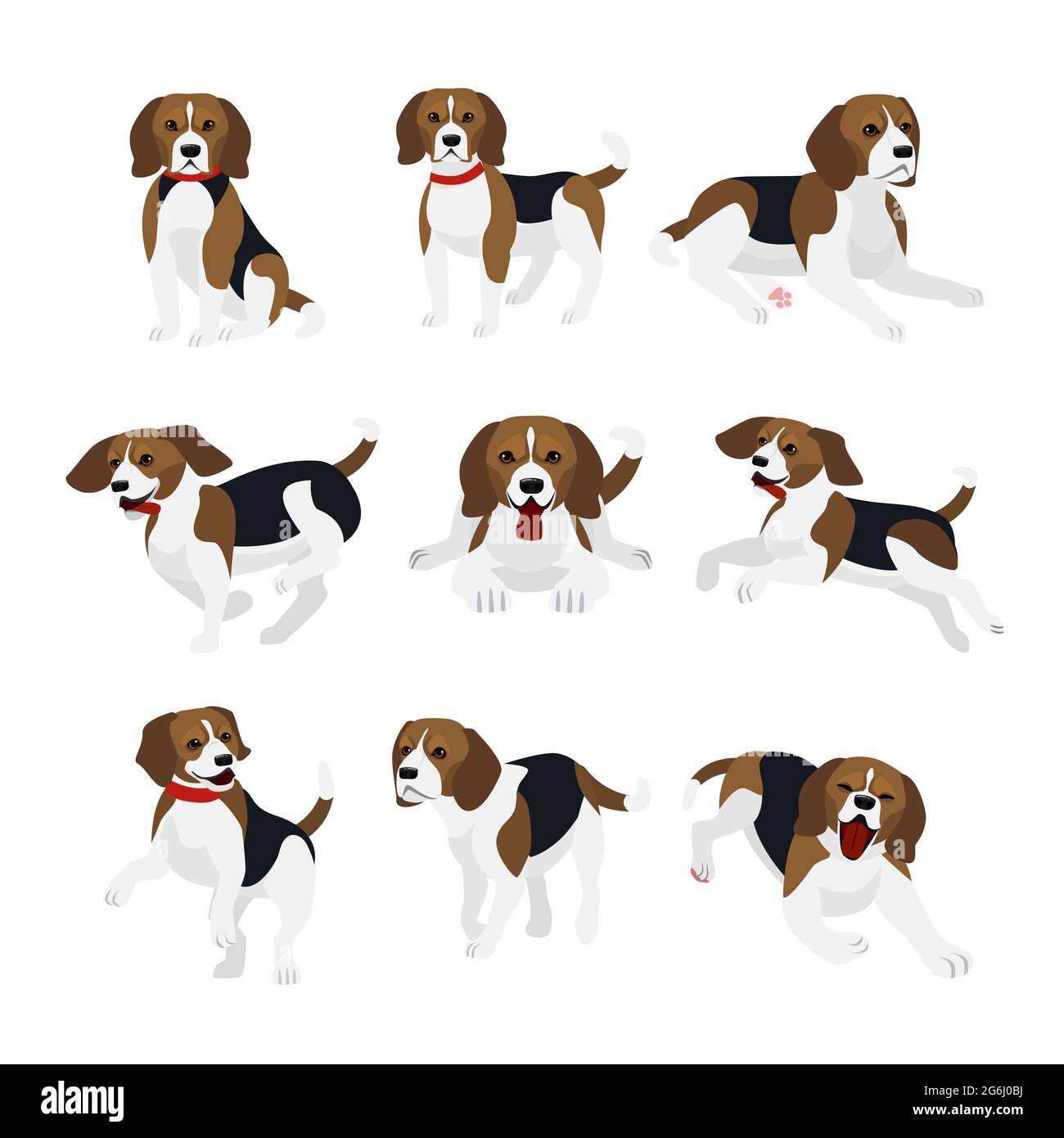 Illustrazione vettoriale insieme di simpatico e divertente beagle cane, azioni vivaci, giocare, jumping cani in design piatto. Illustrazione Vettoriale