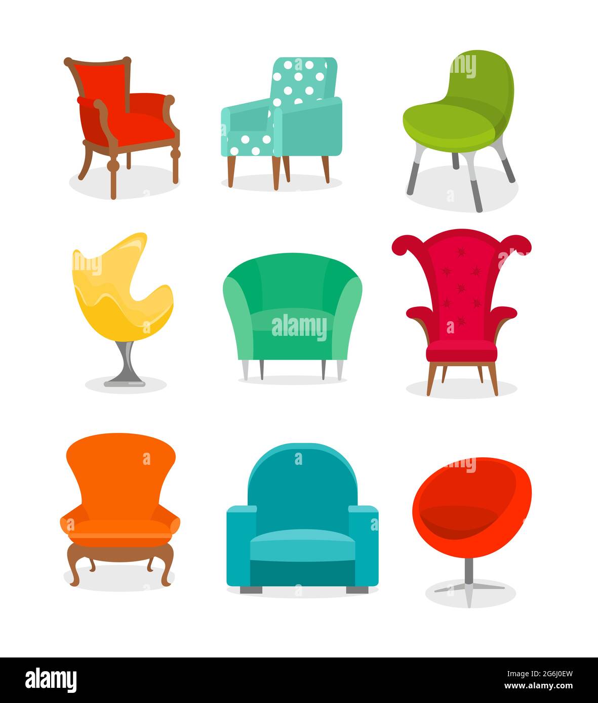 Illustrazioni vettoriali Set di belle diverse poltrone colorate su sfondo bianco in stile cartoon piatto. Illustrazione Vettoriale