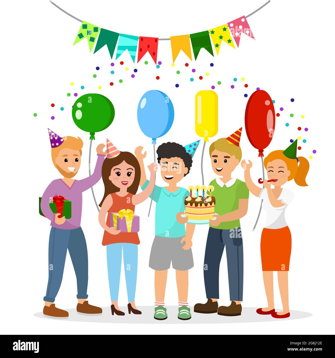 Illustrazione vettoriale Buon compleanno. Felice compagnia di giovani luminosi e divertenti celebra la vacanza con una torta e regali. Congratulazioni a Illustrazione Vettoriale