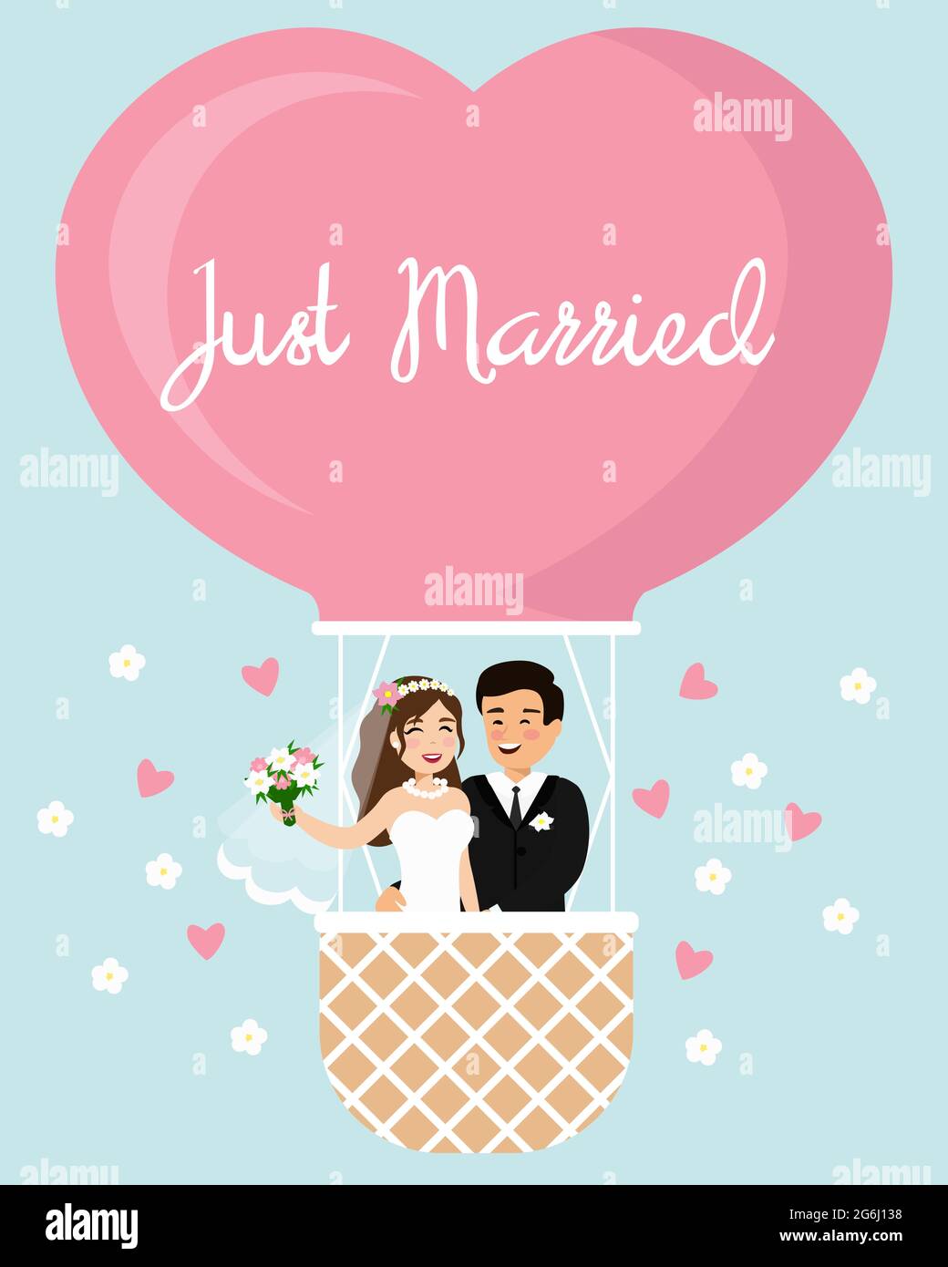 Vettore cartoon illustrazione della sposa e dello sposo in una mongolfiera nel cielo. Felice coppia di nozze, appena sposata in stile appartamento. Illustrazione Vettoriale