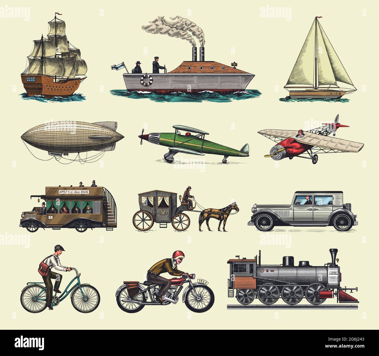 Sottomarino, barca e auto, moto, carrozza trainata da cavalli. Nave aerea o dirigibile, mongolfiera, aerei corncob, locomotiva. Inciso a mano disegnato in vecchio Illustrazione Vettoriale