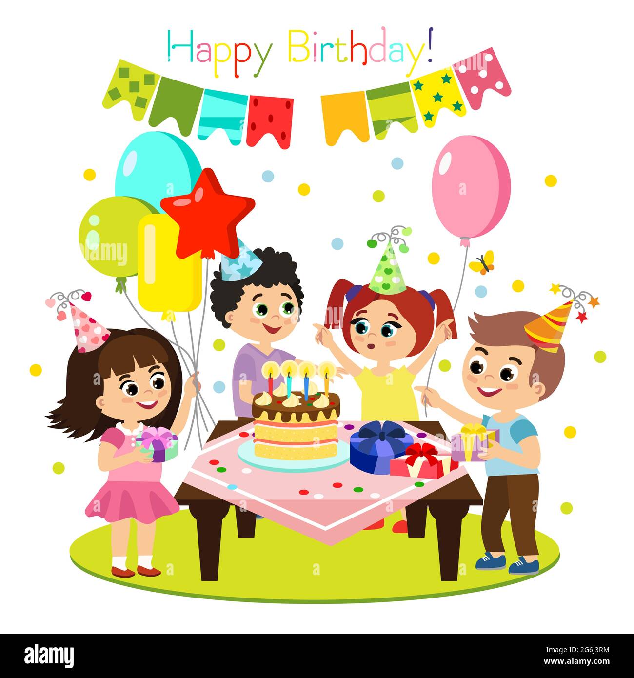 Illustrazione vettoriale della festa di compleanno dei bambini, decorazione colorata e luminosa, bambini felici hanno divertimento insieme, ragazze e ragazzi in stile cartone animato piatto. Illustrazione Vettoriale