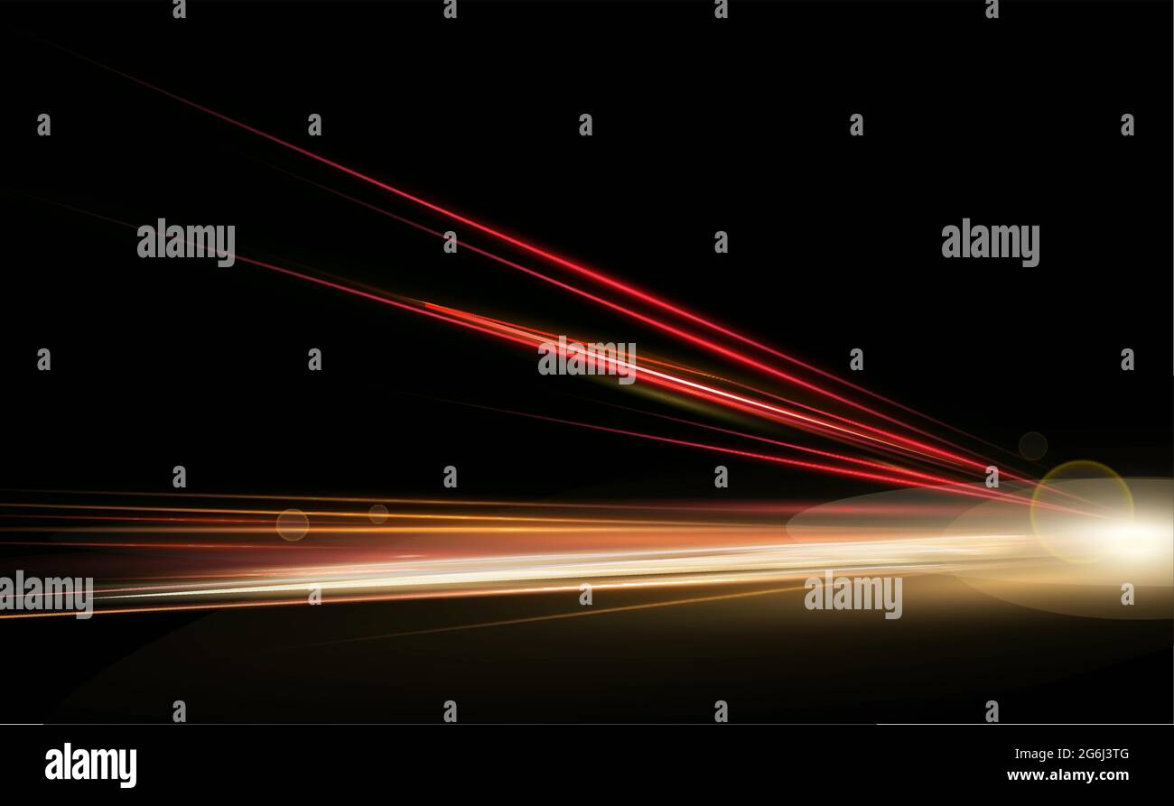Simulazione di illustrazione vettoriale di luci ad alta velocità a lungo esposizione del traffico notturno. Luci dinamiche in una direzione. Illustrazione Vettoriale