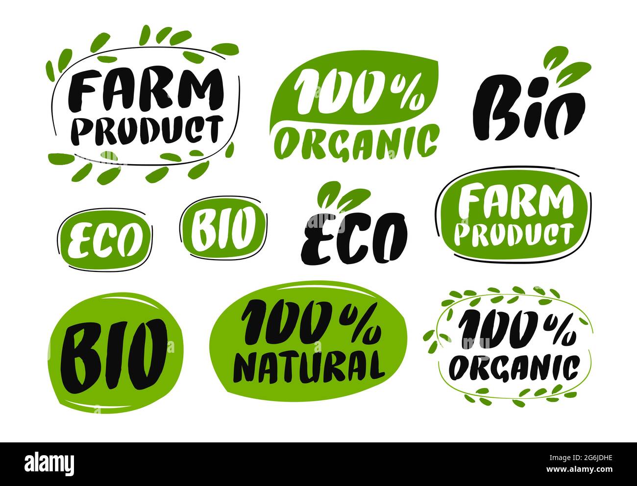 Icona di cibo naturale e biologico. Set di adesivi, etichette, etichette. Simbolo eco, bio con foglie Illustrazione Vettoriale