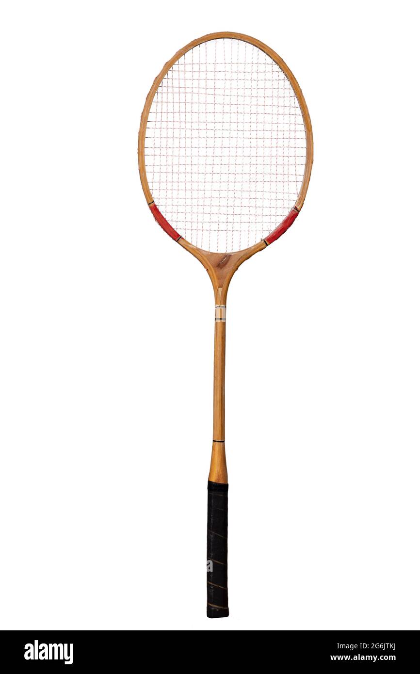 Racchetta di legno per giocare a badminton. Accessori per giochi di squadra. Sfondo isolato. Foto Stock