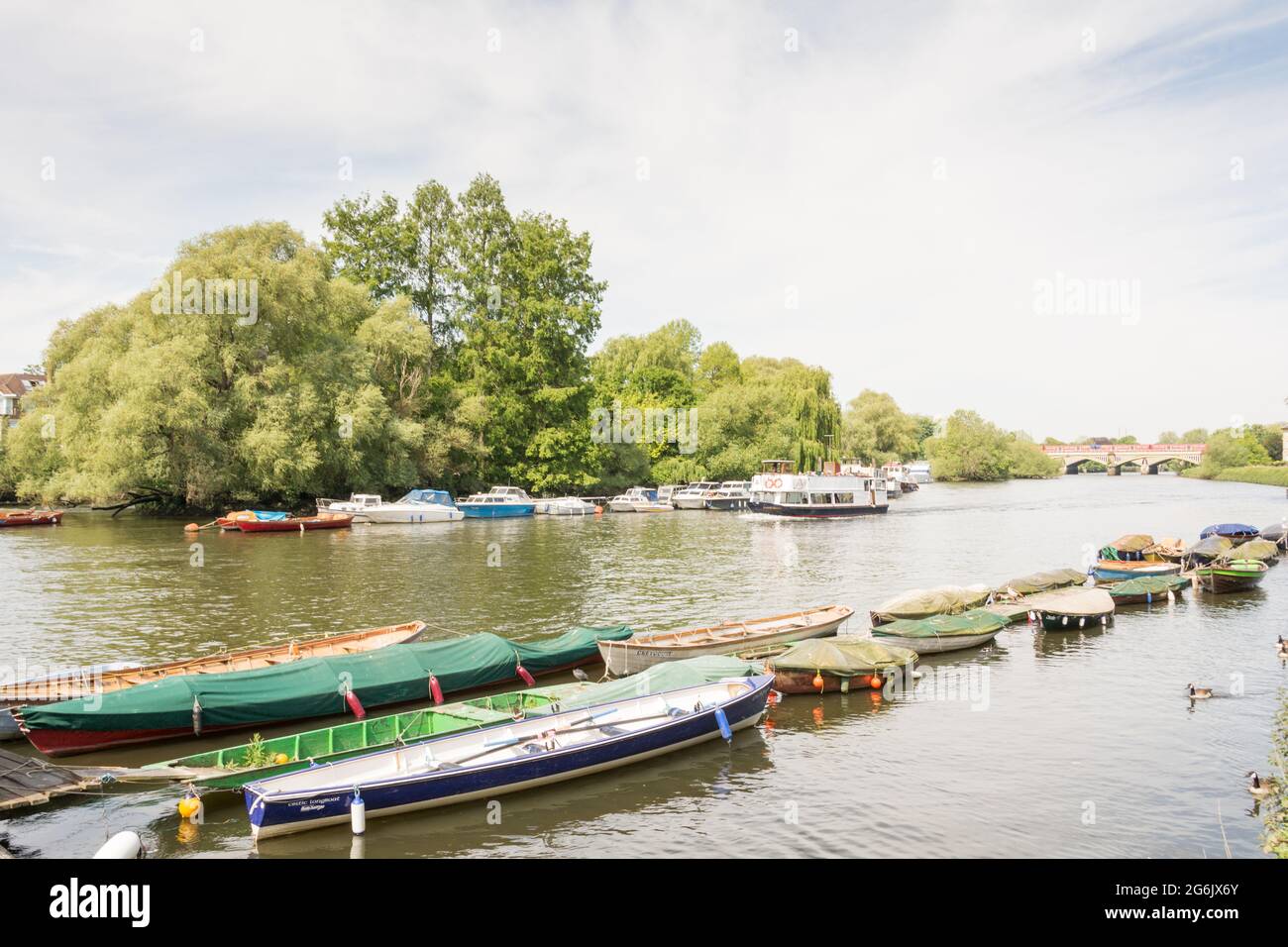 Piccole barche ancorate sul Tamigi a Richmond upon Thames, Londra, Regno Unito Foto Stock