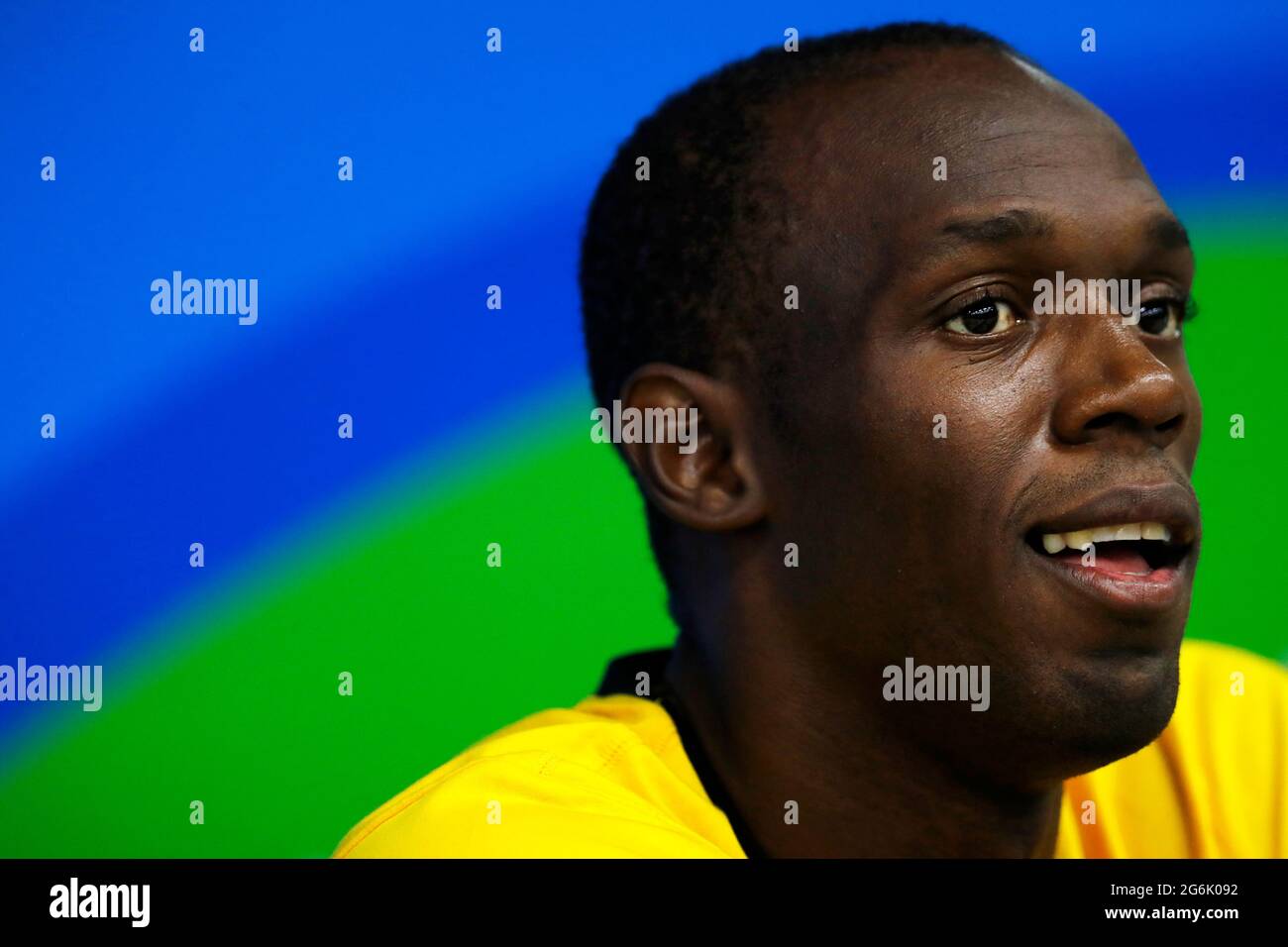 Usain bullone di Giamaica ritratto ai Giochi Olimpici di Rio 2016. Sprinter giamaicano vince la medaglia d'oro 100m sprint gara finale pista e campo Foto Stock
