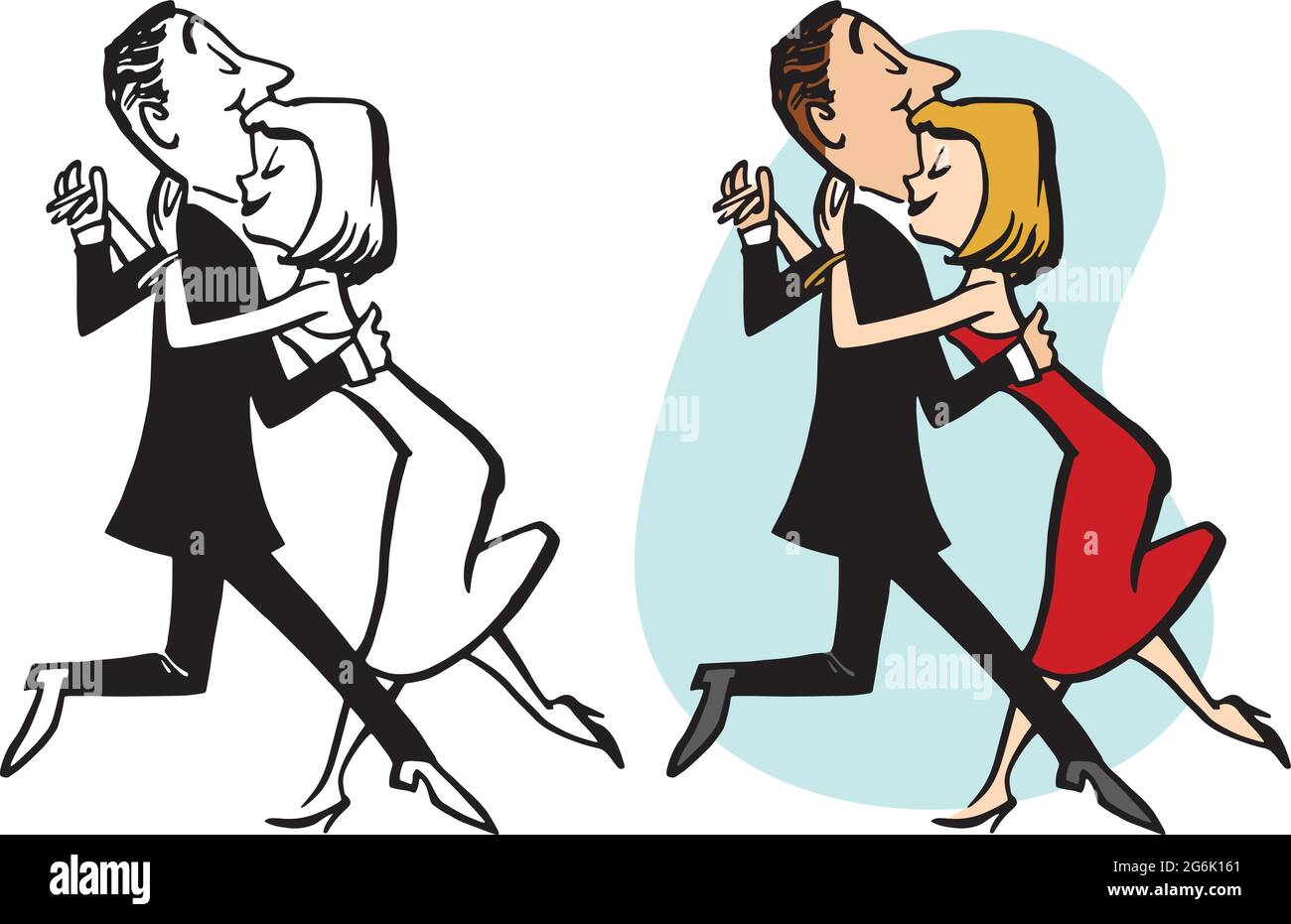 Un cartoon retrò d'epoca di una coppia che esegue una danza lenta. Illustrazione Vettoriale