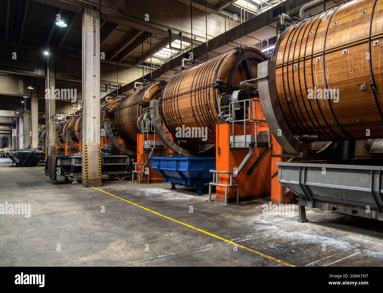 Conceria. Grandi fusti di legno per la concia di cuoio bovino. Foto Stock